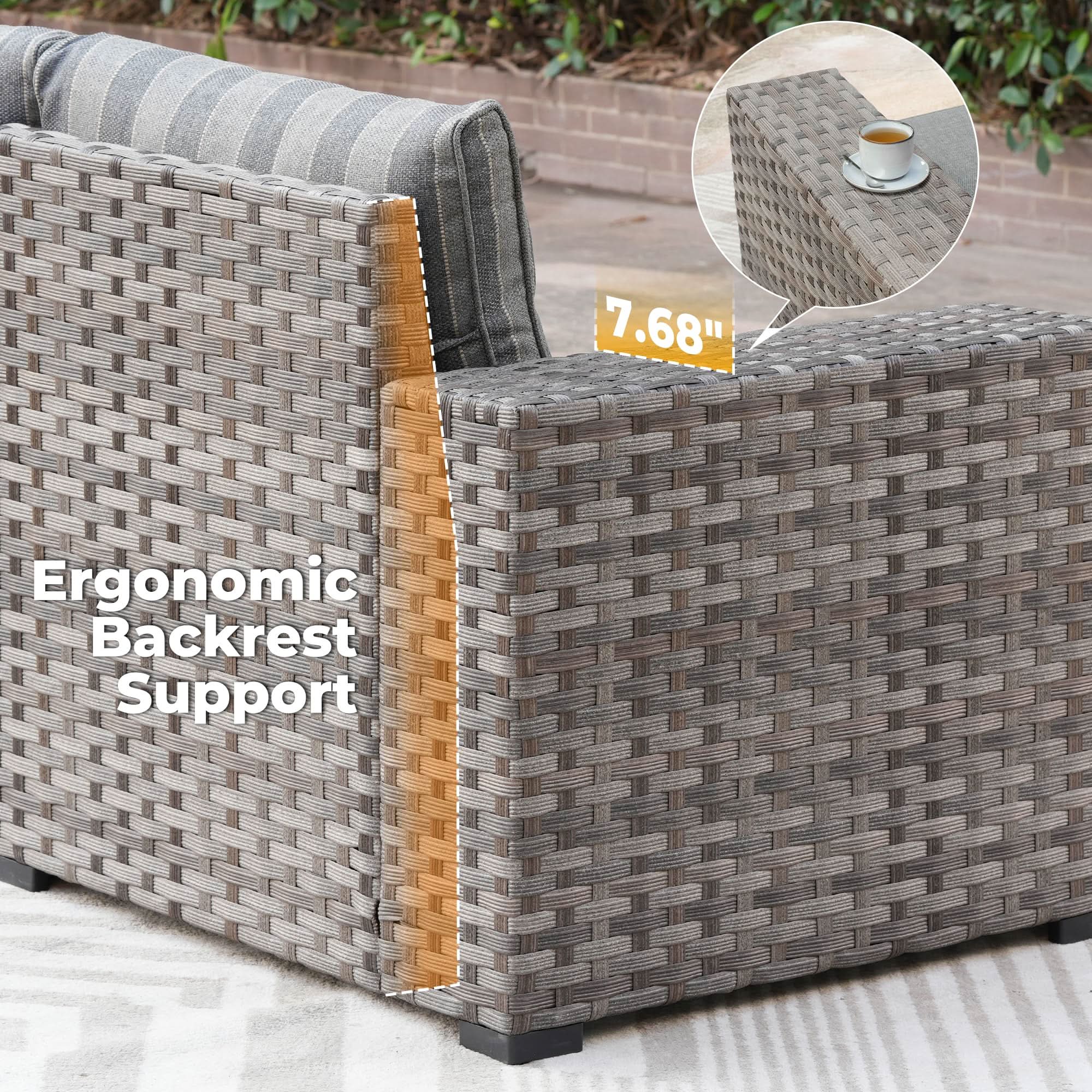 OVIOS outdoor sectional sofa detail with 7.68" armrest and ergonomic backrest support.strip grey