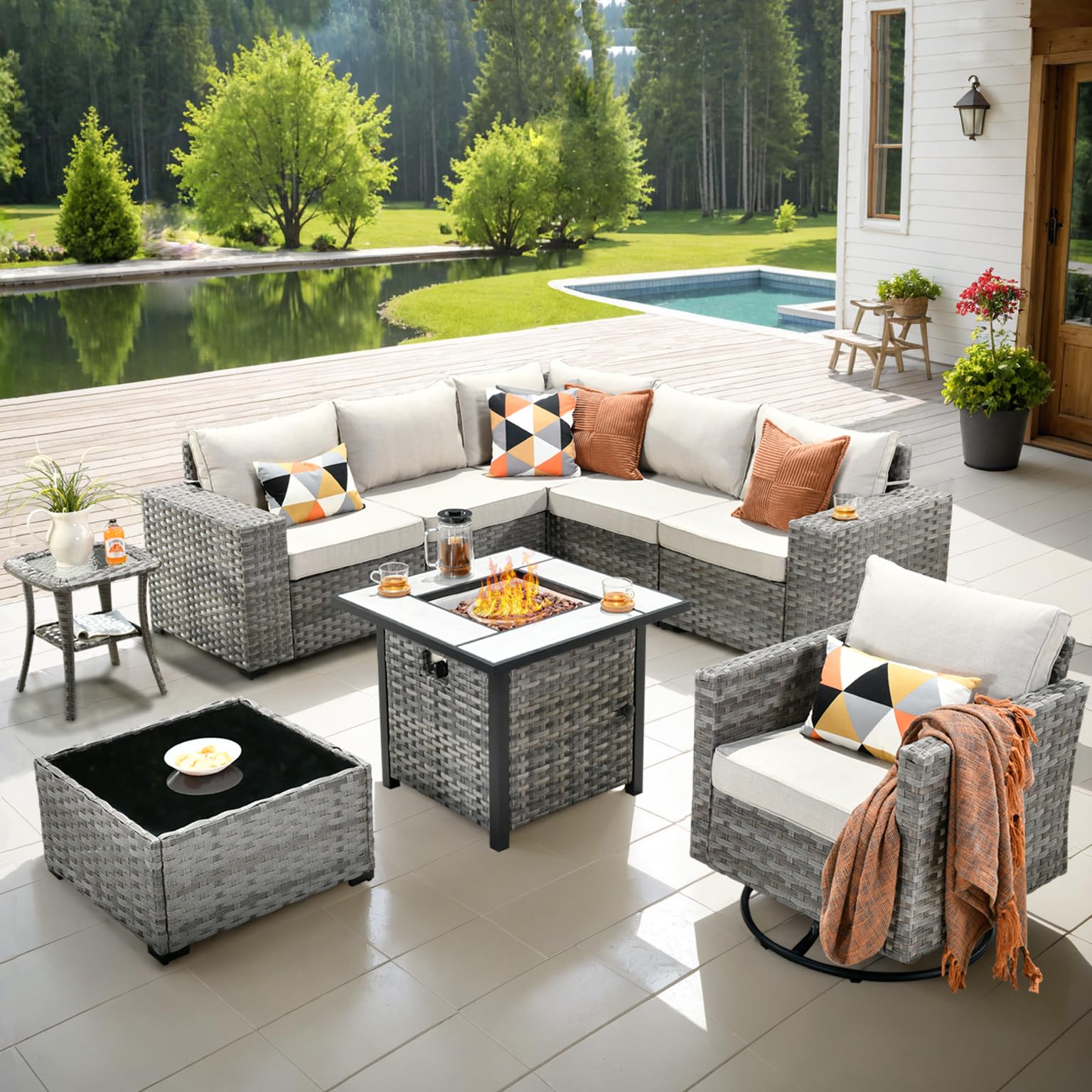 Ovios 9 Pieces Patio Furniture Set, Outdoor Sectional Sofa with Swivel Rocking Chair, 30" Fire Pit Table