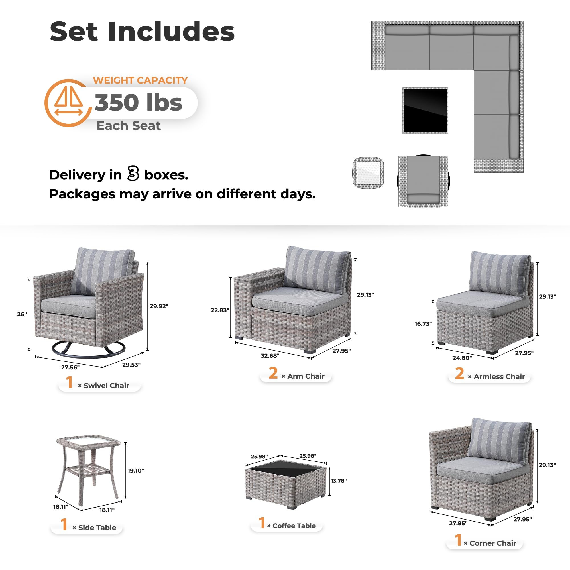 Ovios 8 Pieces Patio Furniture Set, Outdoor Sectional Sofa with Swivel Rocking Chair