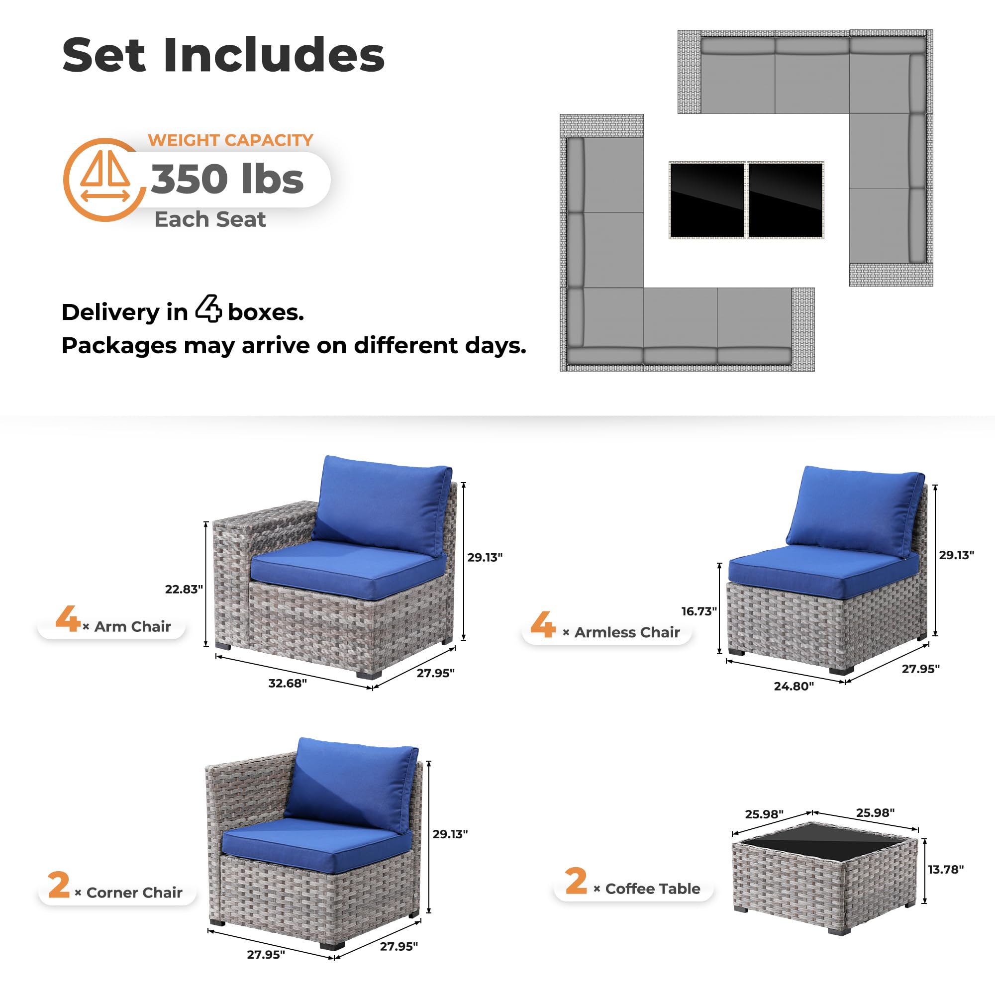 Navy Blue OVIOS 12-piece wicker patio set components, dimensions, weight capacity, delivery