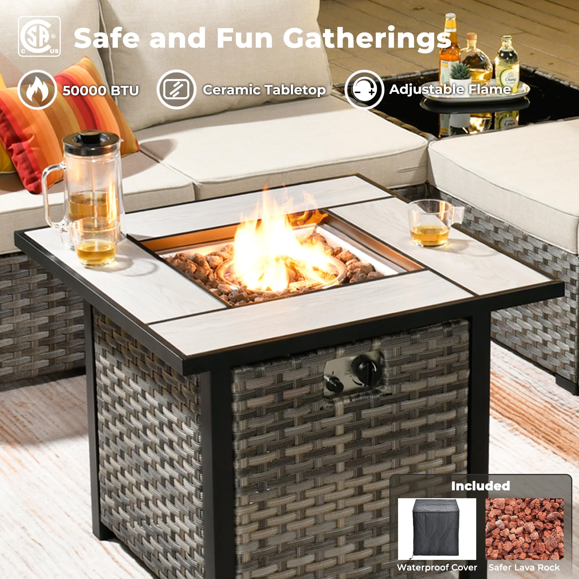 OVIOS fire pit table with gray wicker base, ceramic top, adjustable flame and accessories