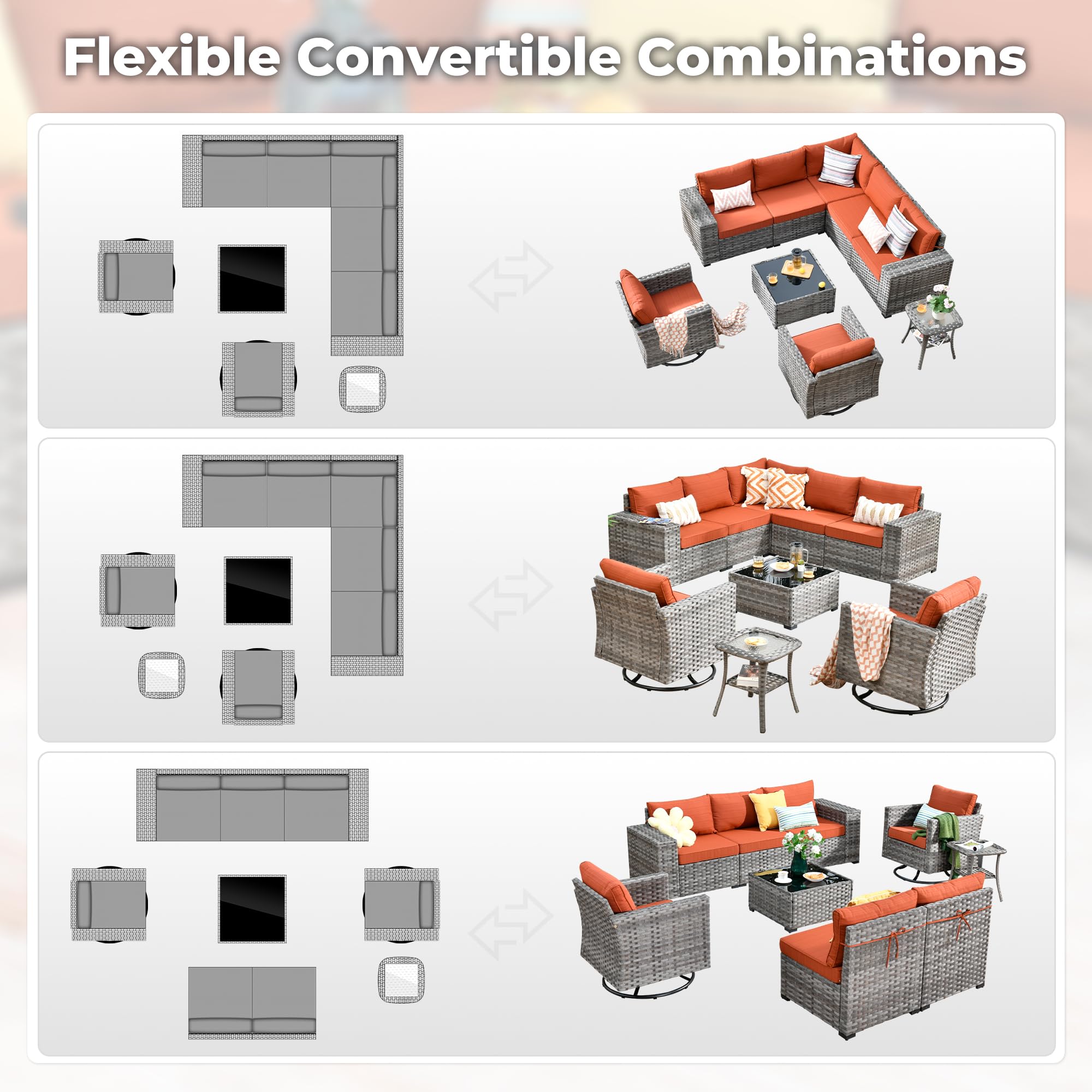 OVIOS Outdoor Furniture Set with Flexible Convertible Combinations in Gray Wicker with Orange Cushions - Patio Layouts