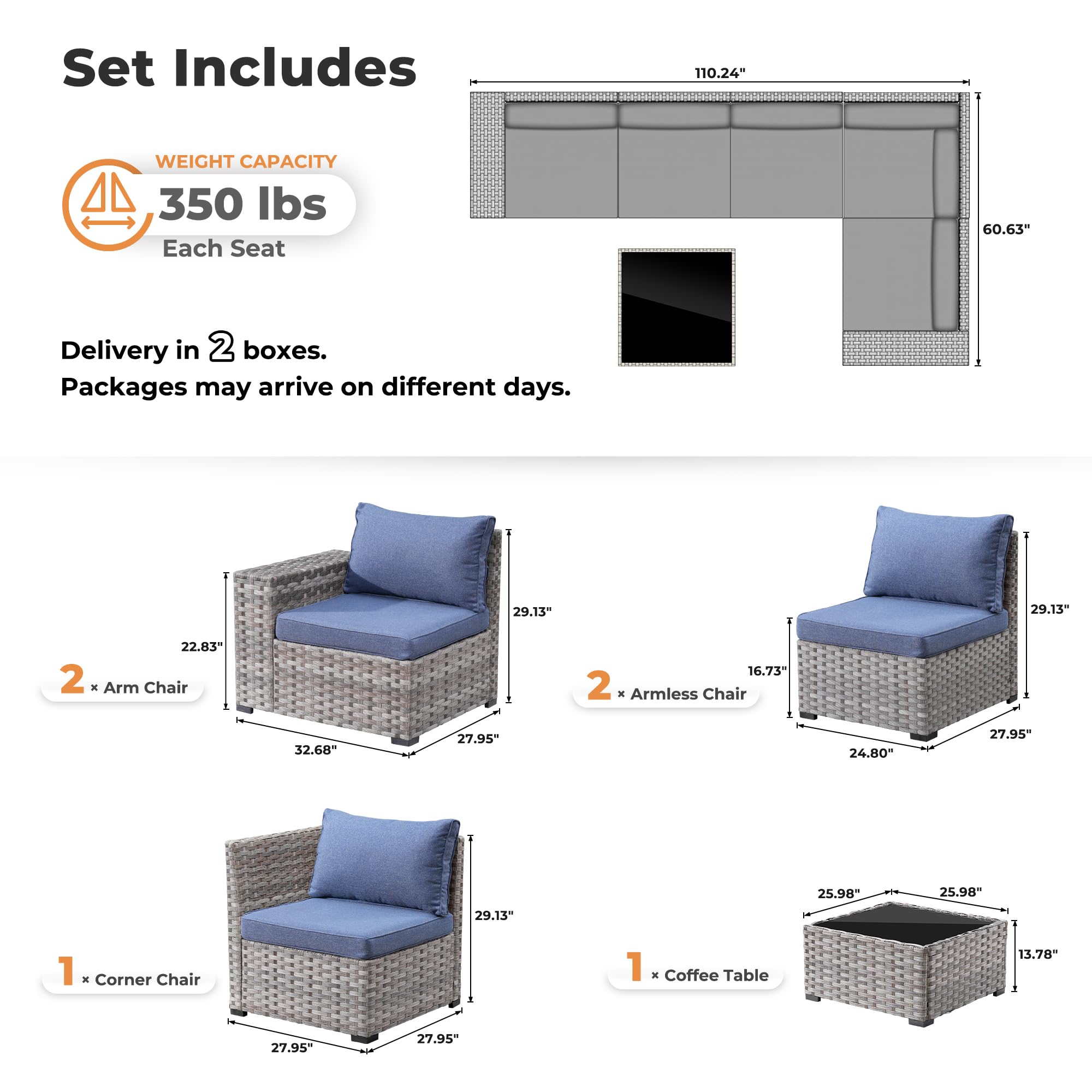 OVIOS 6-Piece Outdoor Sectional Sofa dimensions diagram, sectional sofa set with gray wicker frame and blue cushions