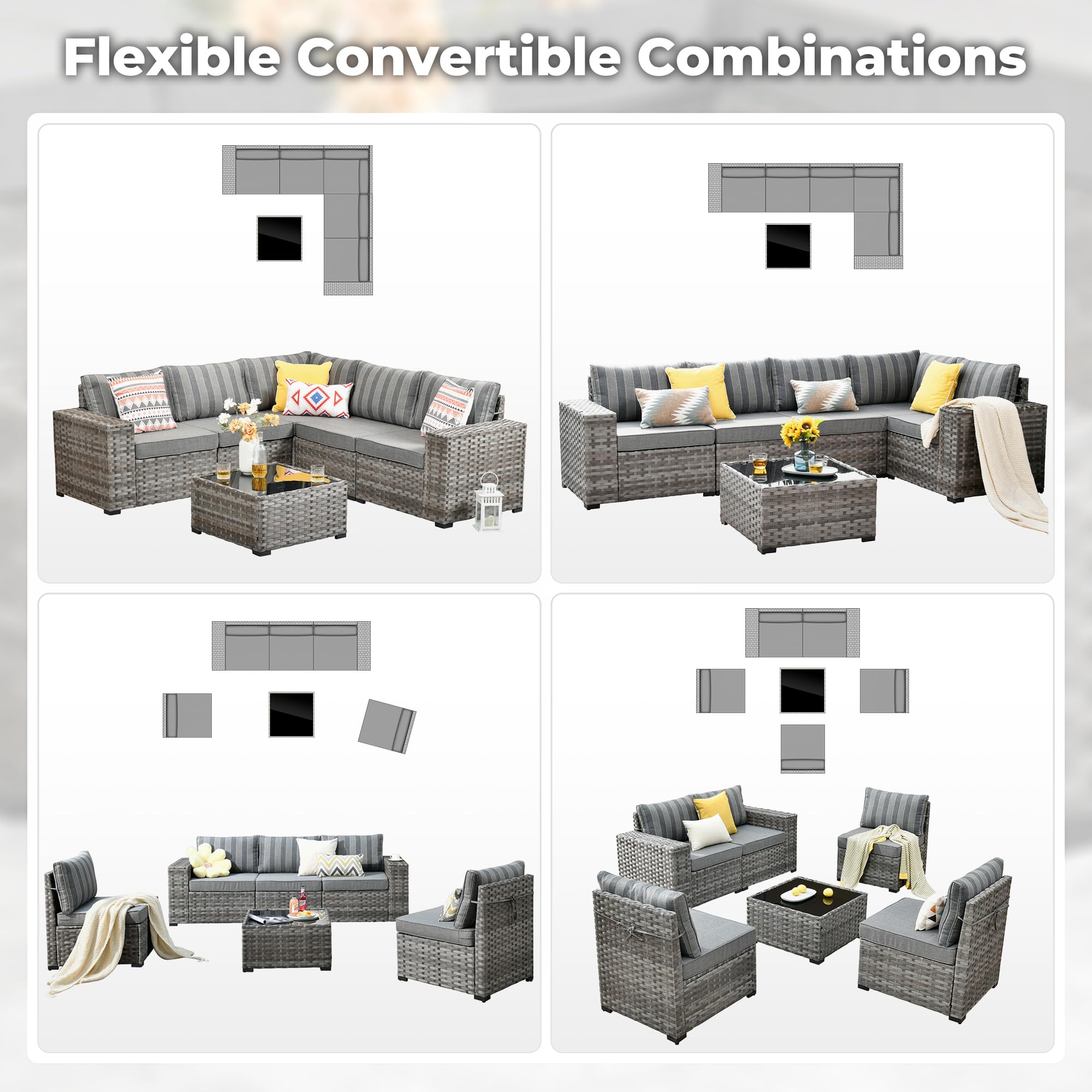 OVIOS Sectional Sofa Set with Flexible Convertible Combinations. Gray wicker and blue cushions, various arrangements.