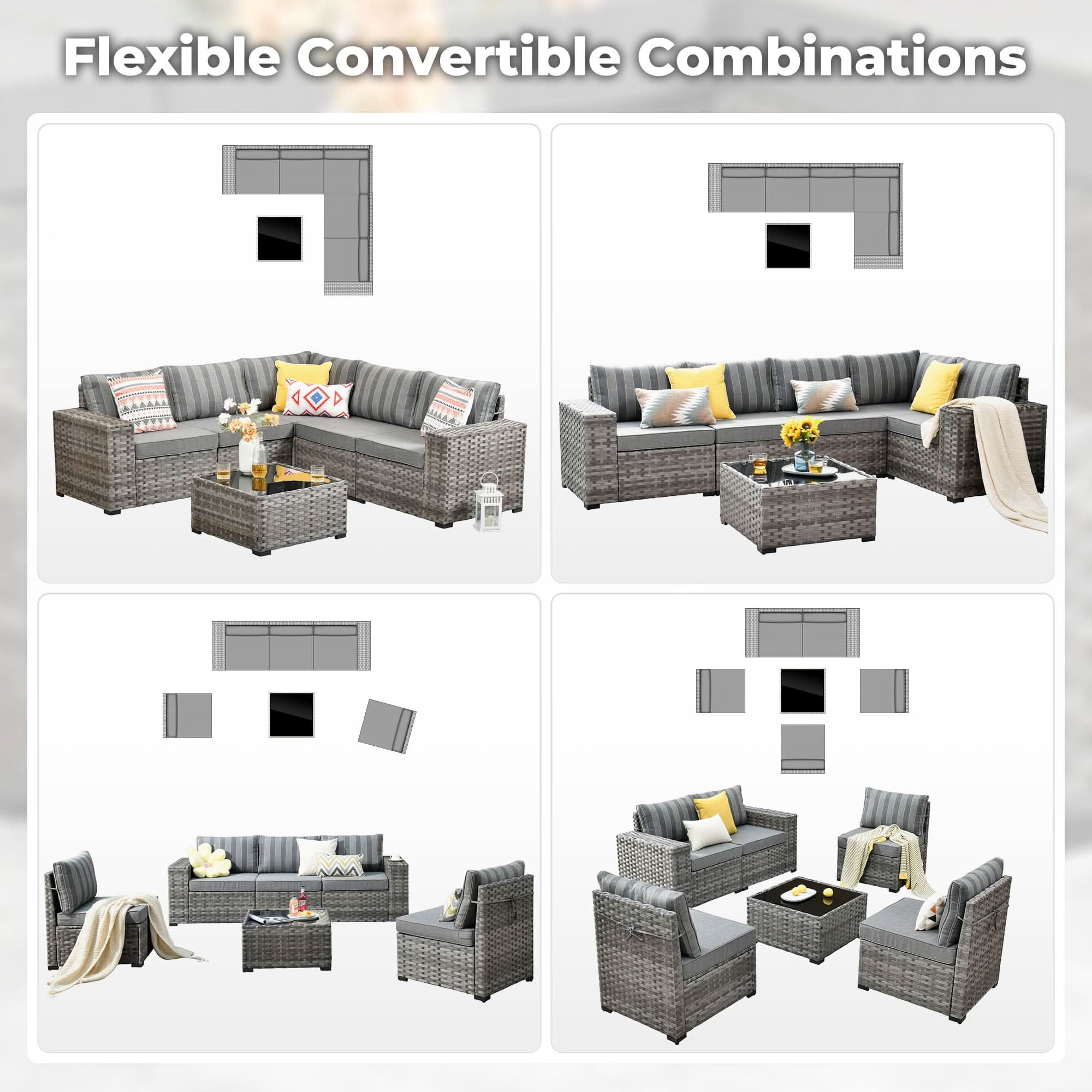 strip grey OVIOS 6-piece modular outdoor sectional sofa set in multiple configurations.