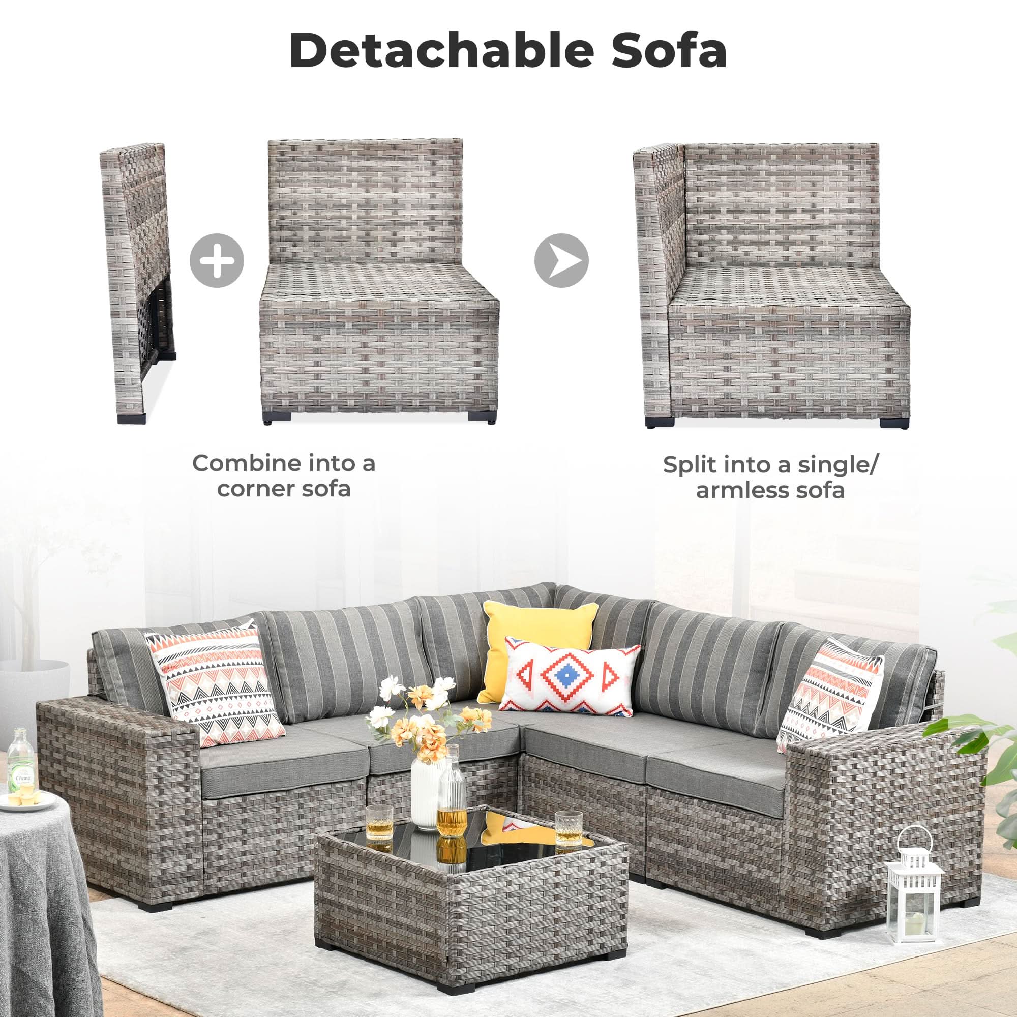 OVIOS Detachable Sectional Sofa, gray wicker, convertible design, corner or single armless sofa.strip grey
