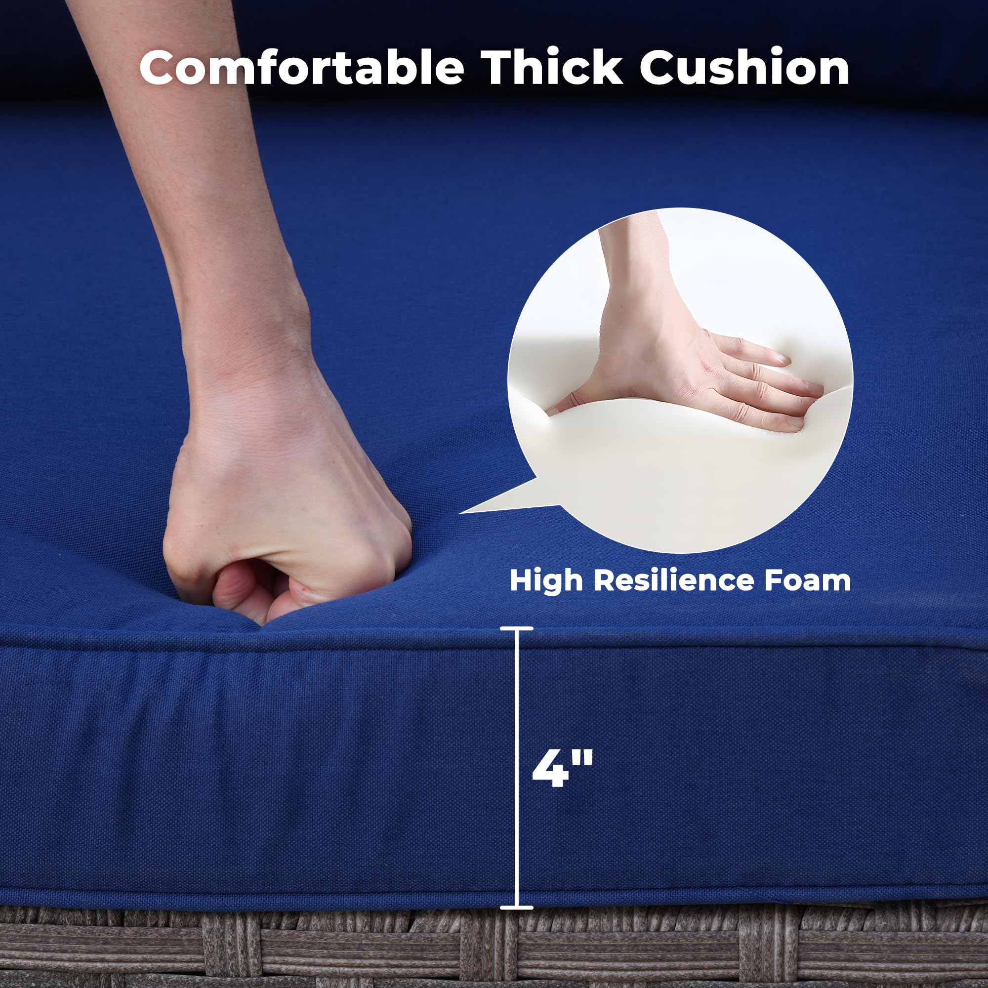 OVIOS sectional sofa cushion detail, showing comfortable 4-inch thick blue cushion with high resilience foam