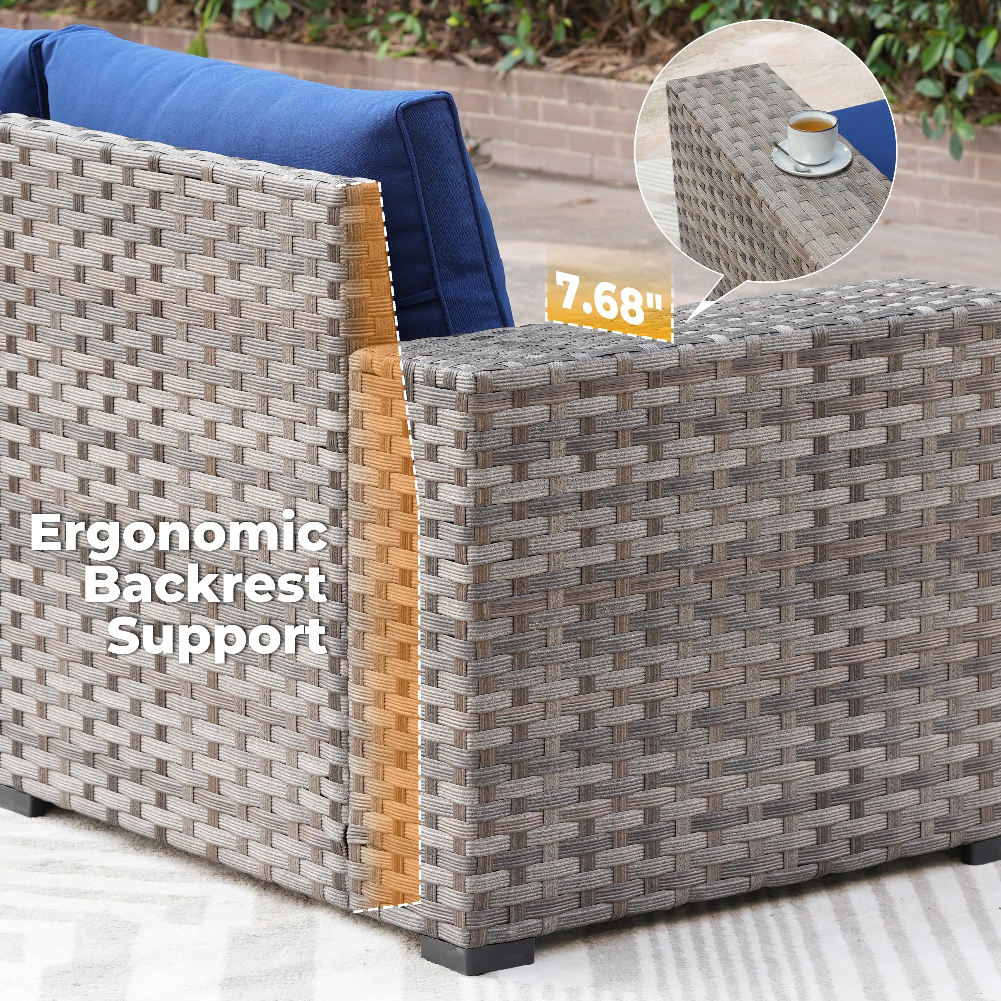 OVIOS Outdoor Sectional Sofa with ergonomic backrest support, 7.68" armrest and gray wicker frame