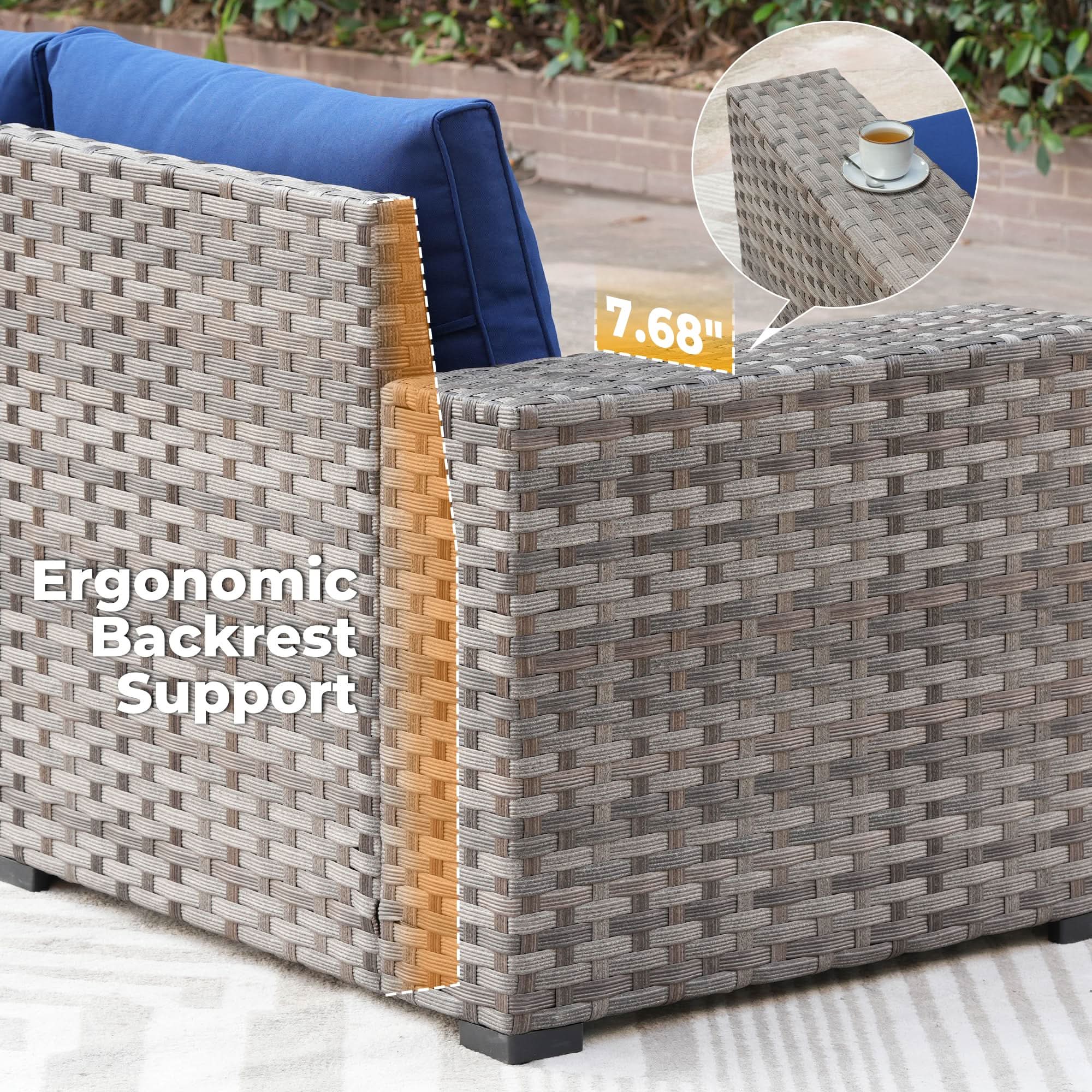 OVIOS Outdoor Sectional Sofa with ergonomic backrest support, 7.68" armrest and gray wicker frame.Navy Blue