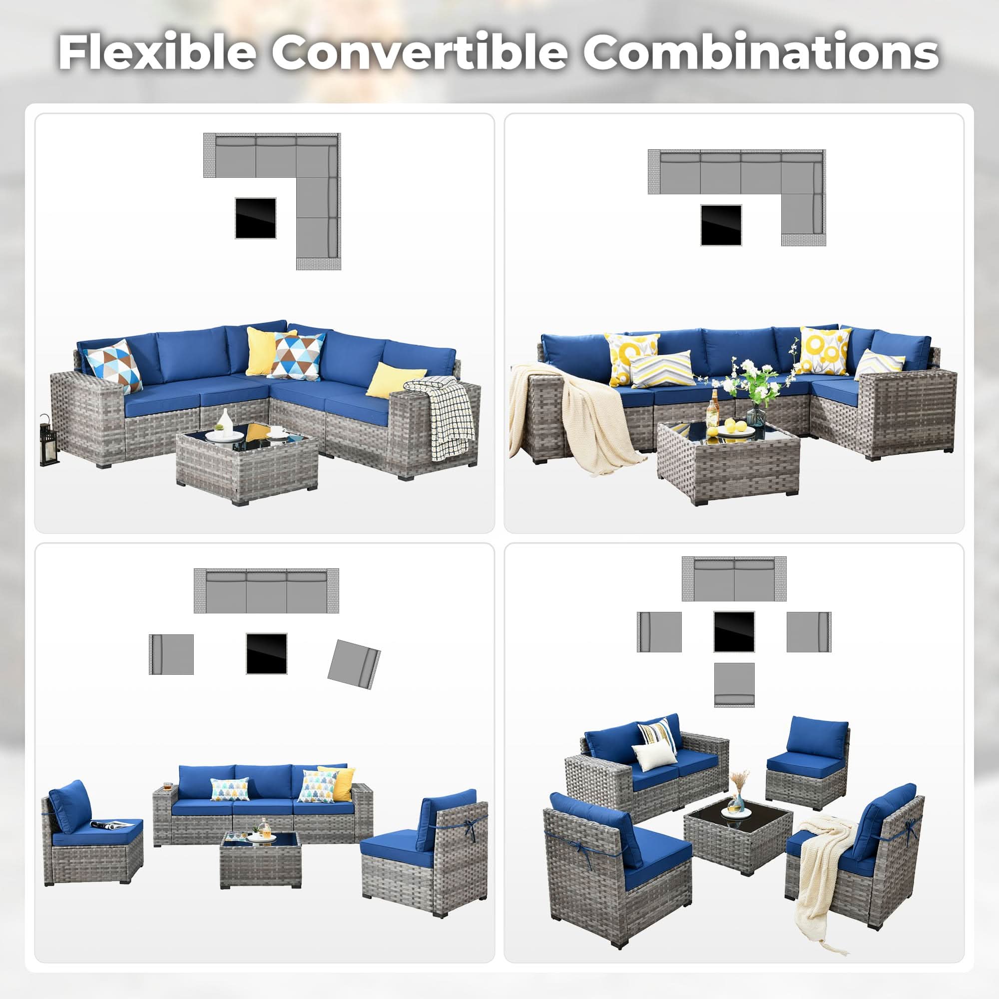 OVIOS 6-piece outdoor sectional sofa configurations with gray wicker and blue cushions.#Color_Coffee Wicker Navy Blue Cushion