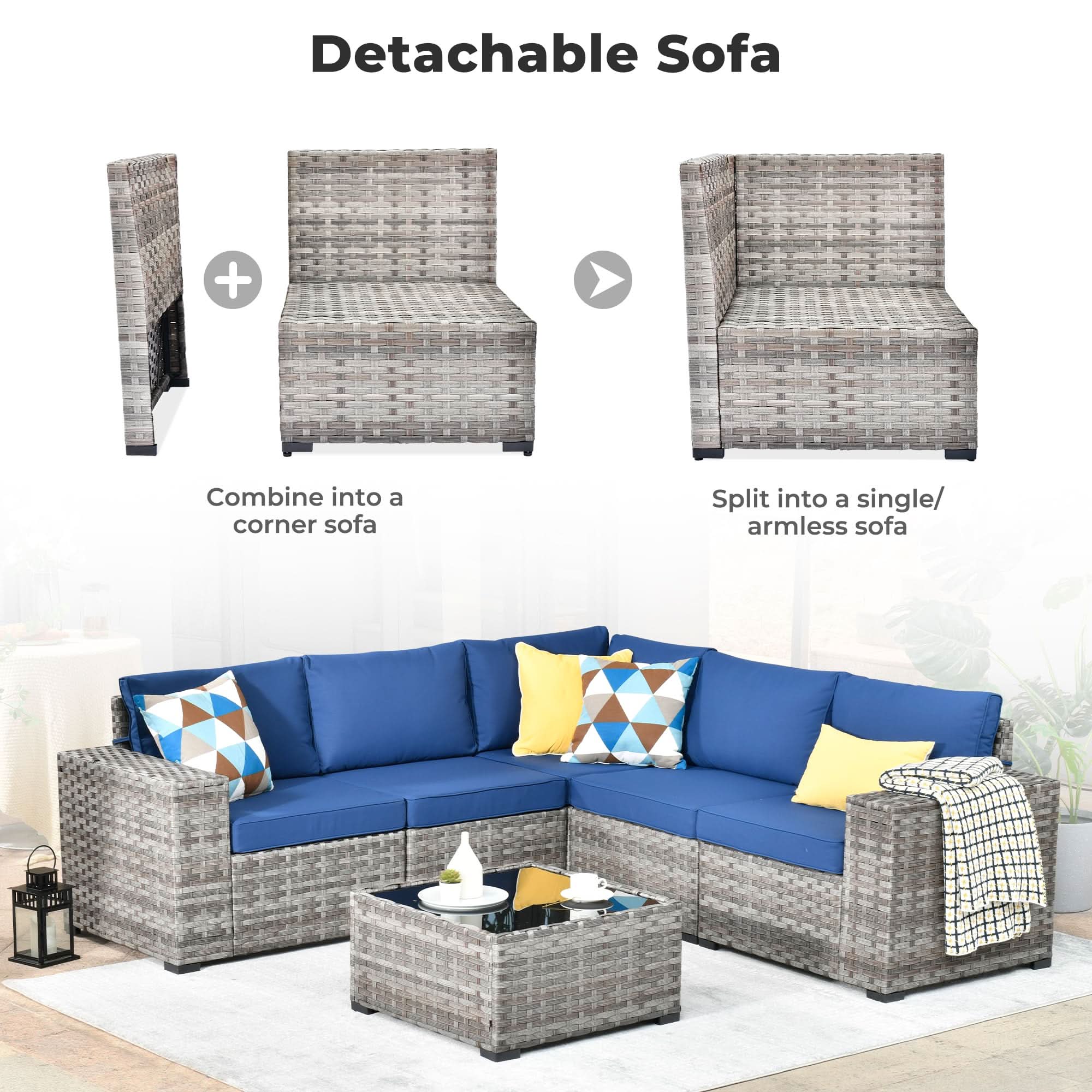 OVIOS Detachable Sectional Sofa, gray wicker, converts to corner or single sofa, blue cushions, patio furniture set.#Color_Coffee Wicker Navy Blue Cushion
