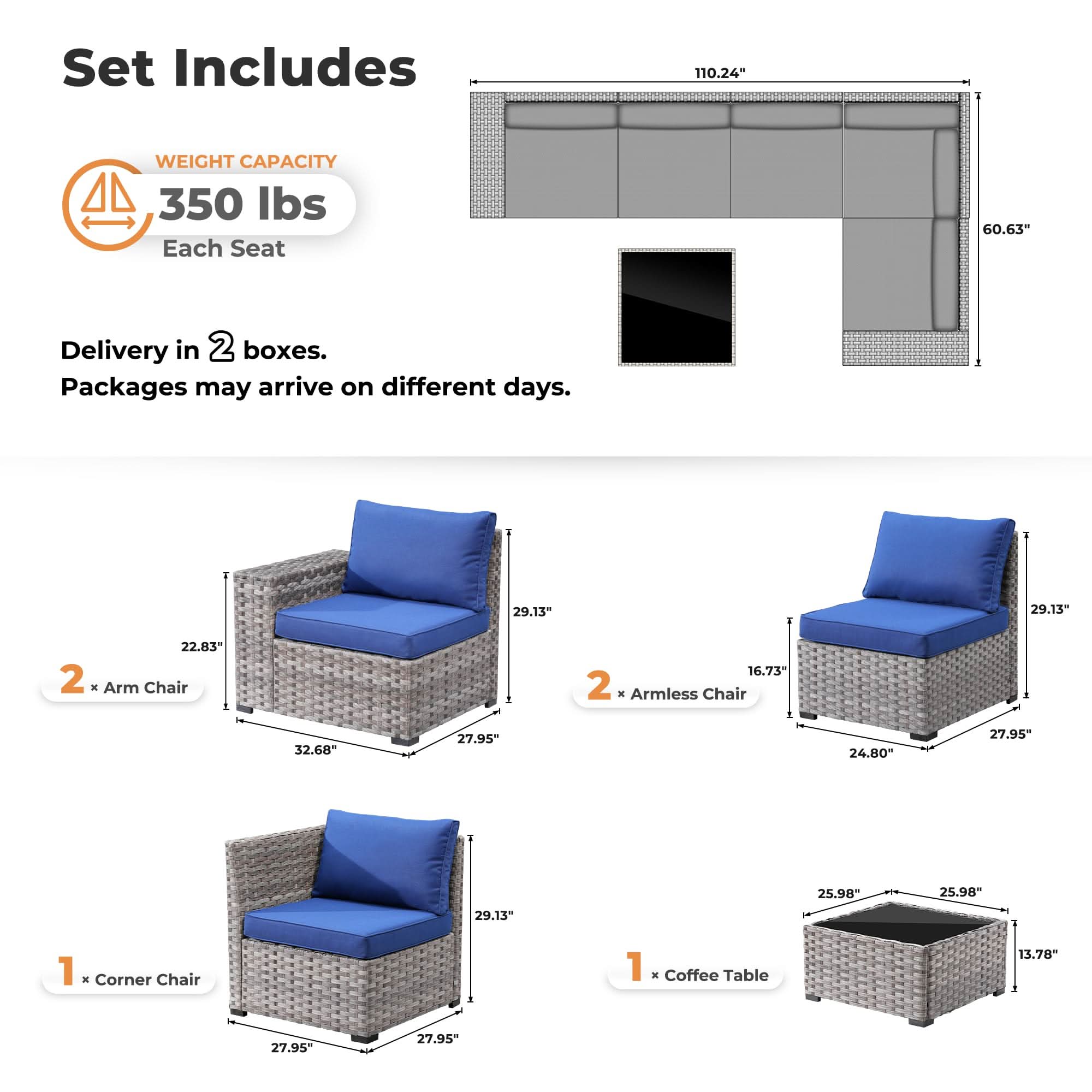 OVIOS 6-Piece Outdoor Sectional Sofa dimensions diagram, weight capacity 350lbs per seat, delivered in 2 boxes.Navy Blue