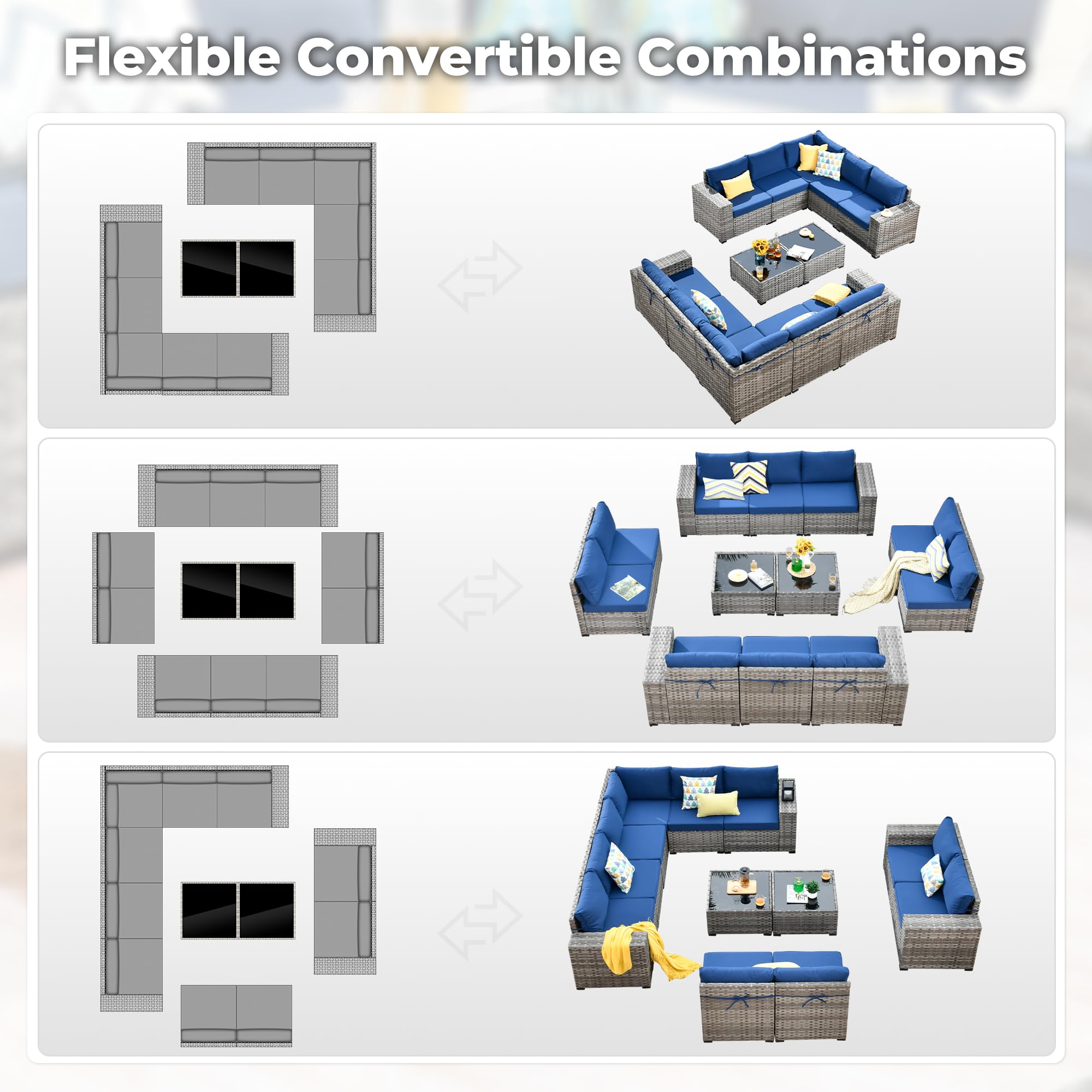 Navy Blue OVIOS 12-piece patio set showing flexible configurations with grey wicker and blue cushions.