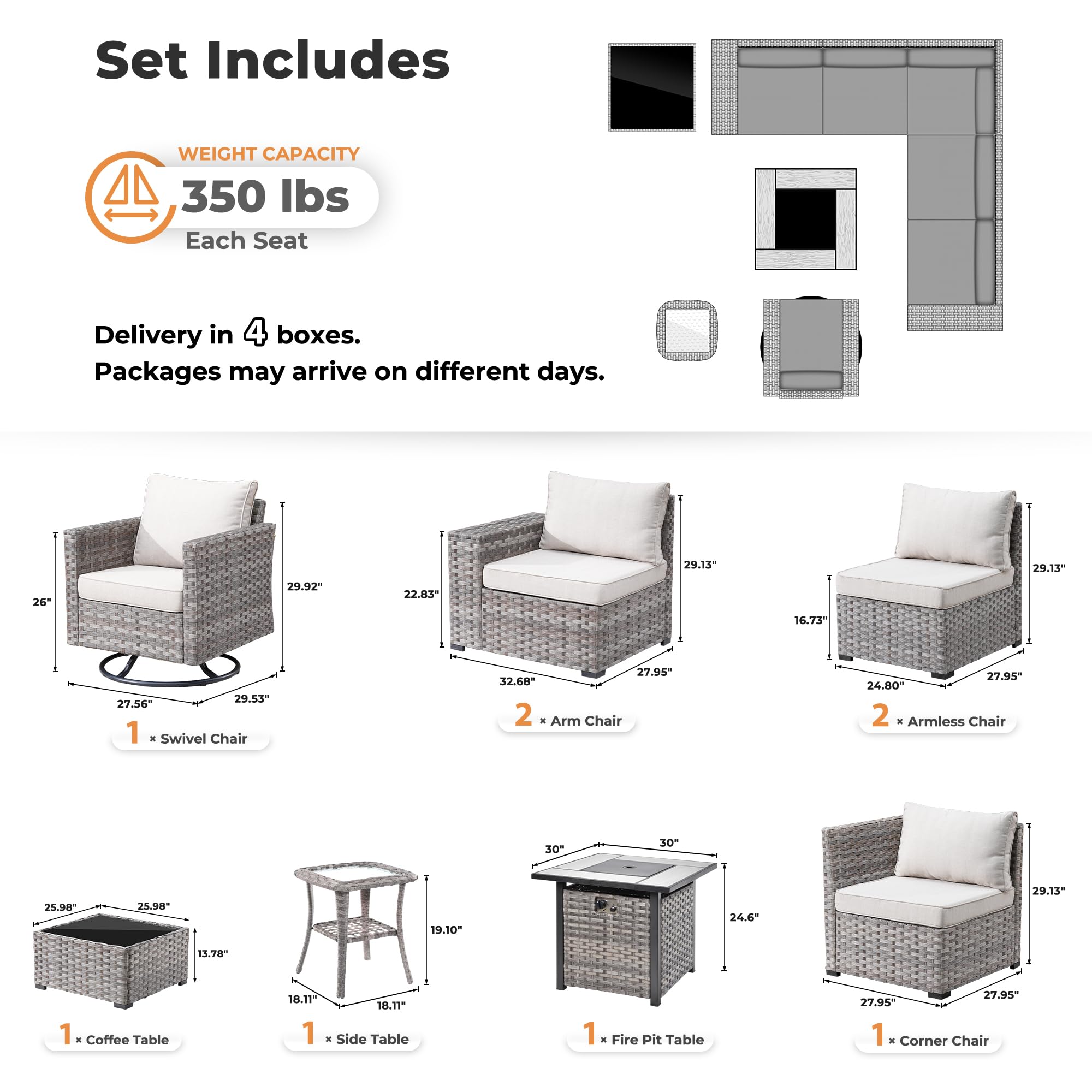 Ovios 9 Pieces Patio Furniture Set, Outdoor Sectional Sofa with Swivel Rocking Chair, 30" Fire Pit Table
