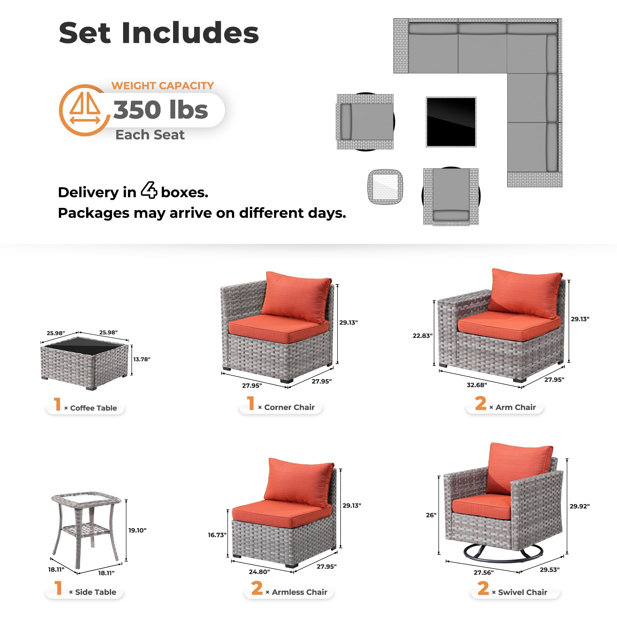 OVIOS 9-Piece Outdoor Furniture Set diagram: gray wicker and orange cushions, swivel chairs, 350 lbs capacity each.