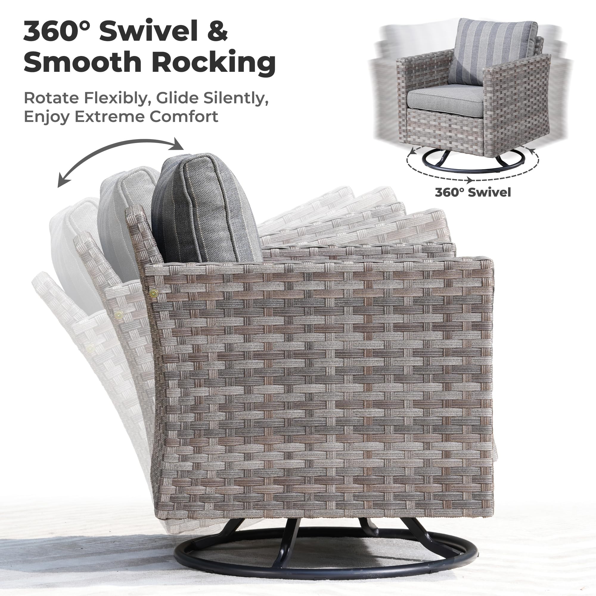 OVIOS swivel chair with 360° rotation and smooth rocking, gray wicker, and strip grey cushions for patio