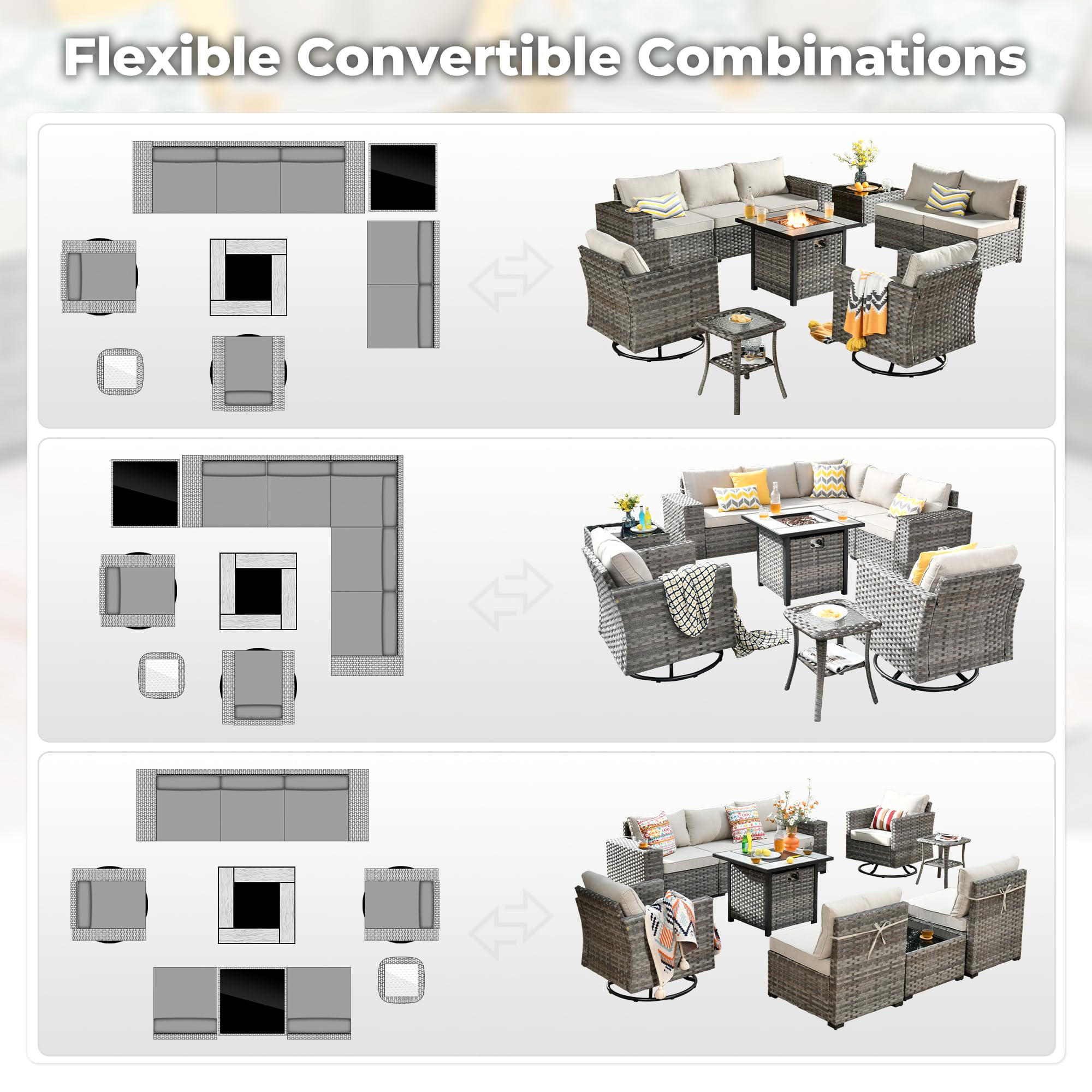 OVIOS convertible patio furniture set configurations in gray wicker with fire pit table and swivel chairs