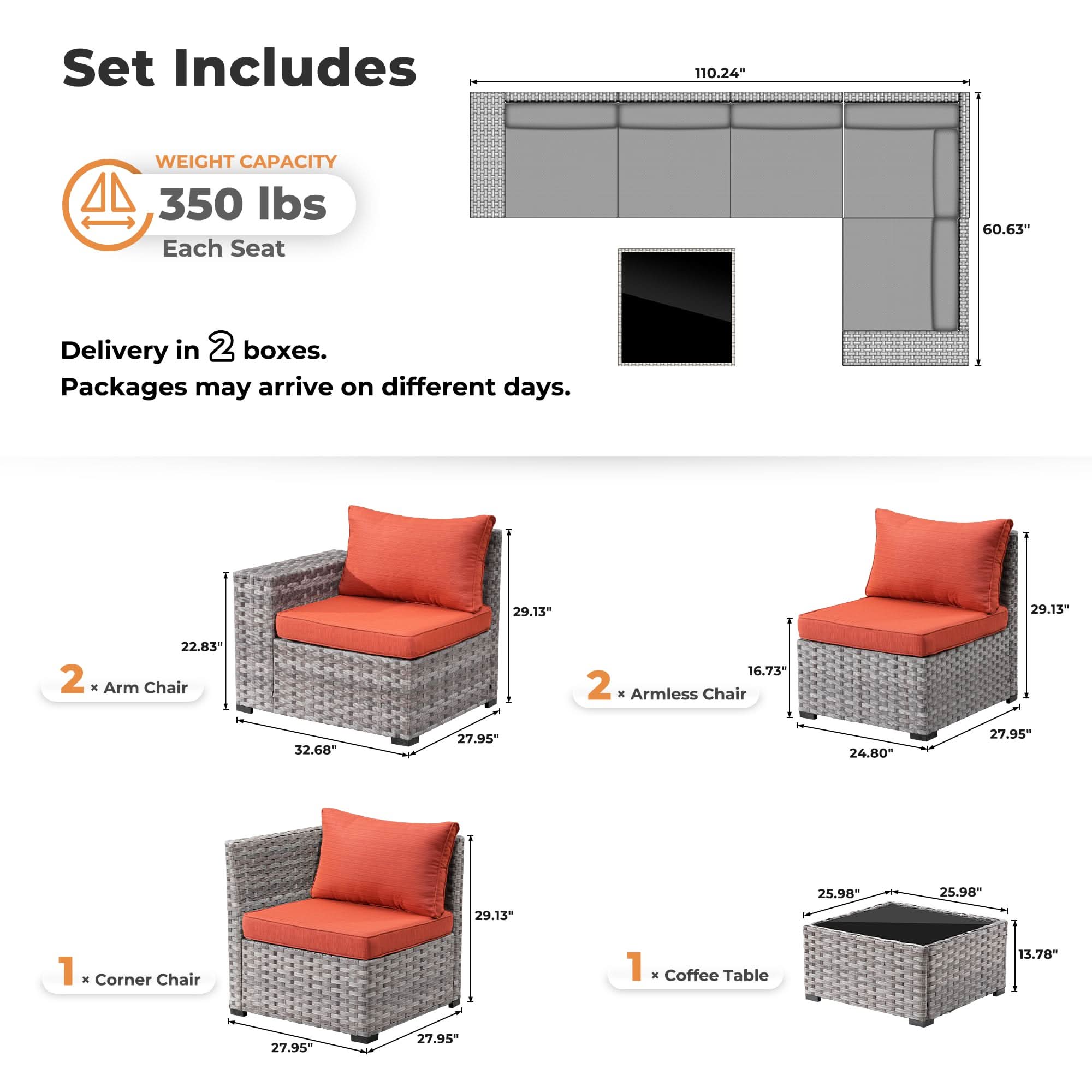OVIOS outdoor sectional sofa set dimensions diagram, including arm chairs, corner chair, coffee table and weight capacity.Orange Red