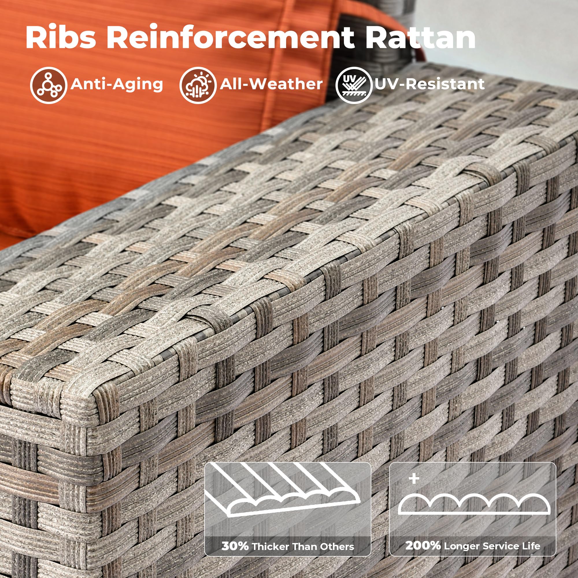 OVIOS sectional sofa rattan detail: anti-aging, all-weather, UV-resistant, 30% thicker, and 200% longer service life.