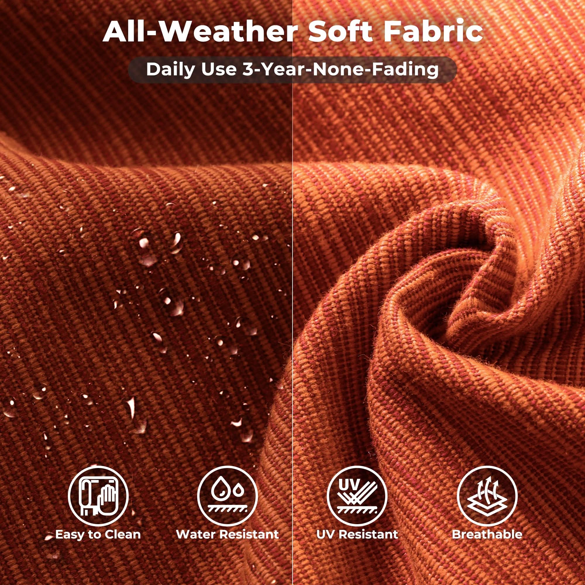 Orange Red OVIOS outdoor sectional sofa fabric detail: all-weather, UV resistant, breathable, and easy clean, orange-brown.
