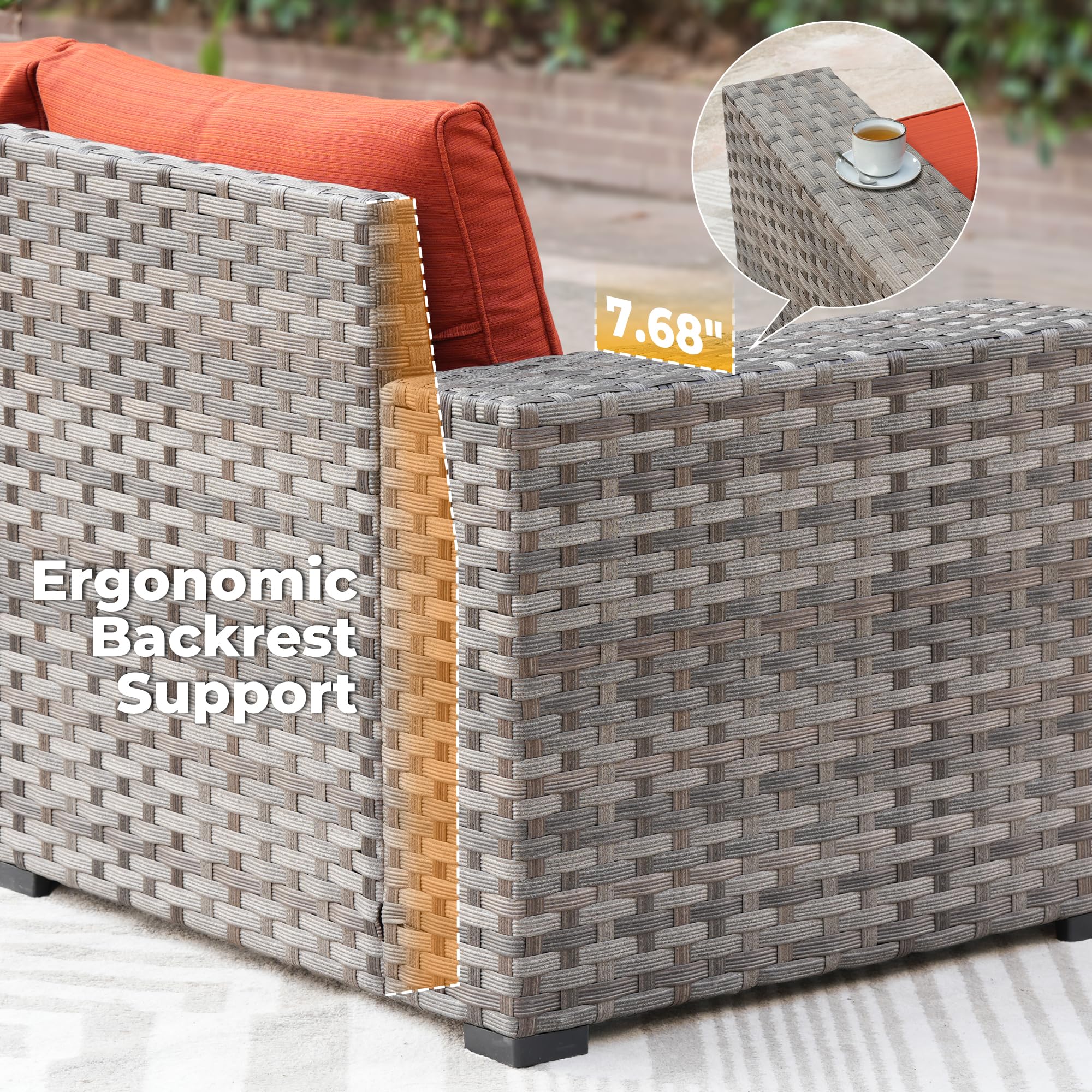 OVIOS outdoor sectional sofa detail with ergonomic backrest support, 7.68" armrest and gray wicker frame.