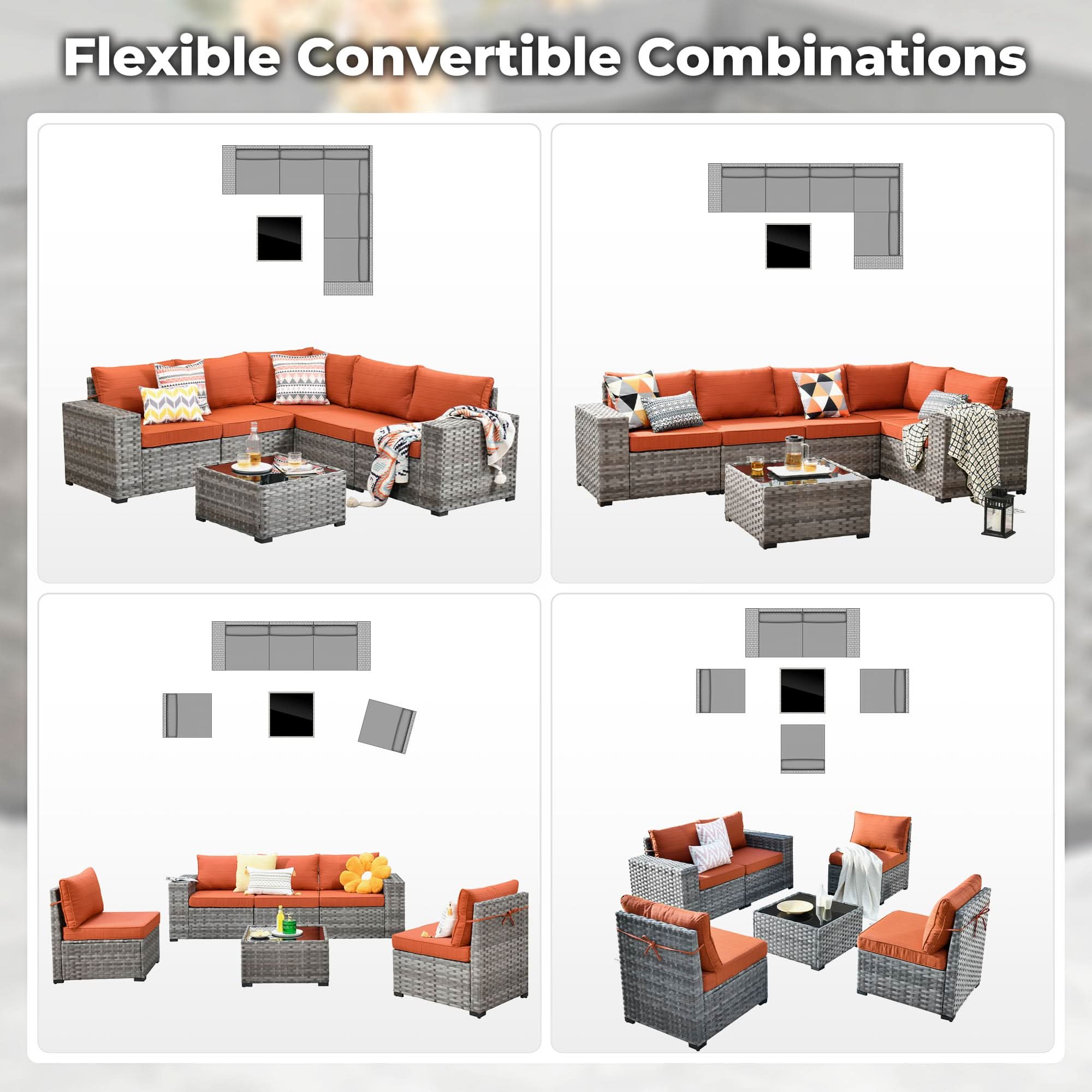 Orange Red OVIOS gray rattan sectional sofa with orange cushions: diagrams & photos of flexible arrangements.