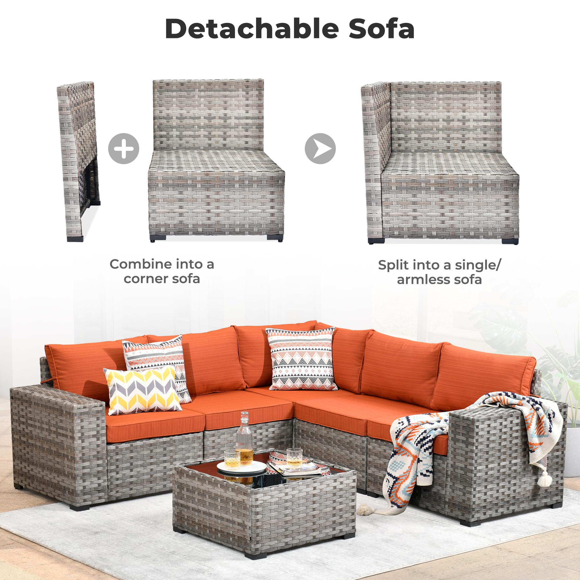 OVIOS Detachable Sectional Sofa in gray wicker, convertible design, for corner or single armless sofa, patio furniture set
