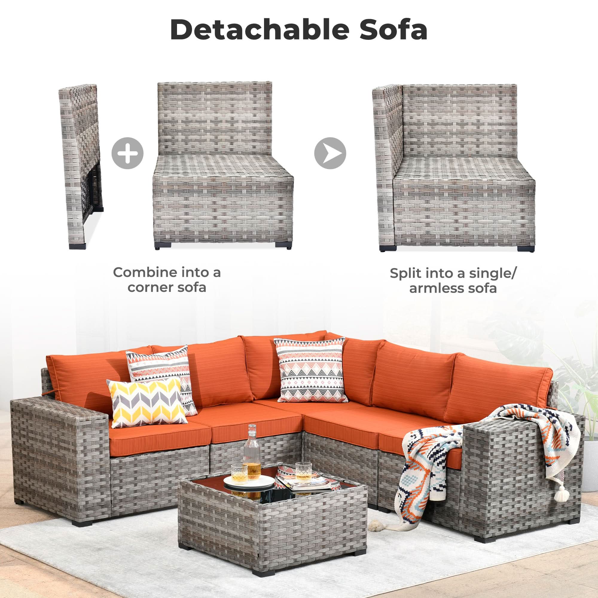 Orange Red OVIOS Detachable Sectional Sofa in gray wicker, convertible design, for corner or single armless sofa, patio furniture set