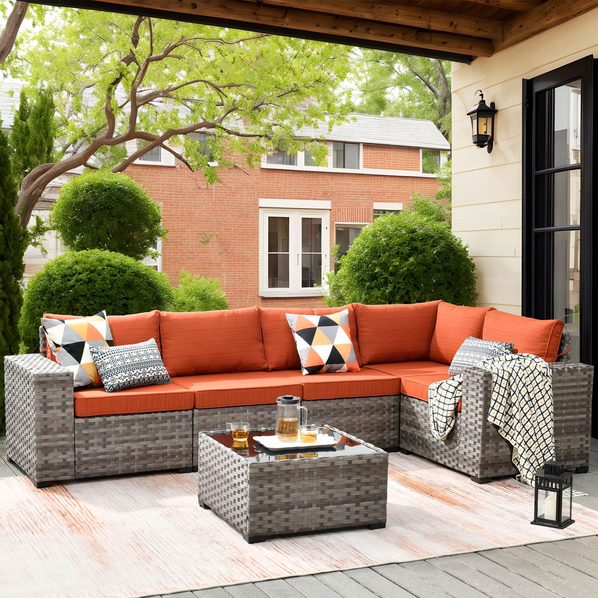 OVIOS 6-Piece Outdoor Sectional Sofa, Gray Wicker Frame, Orange Cushions, Patio Furniture Set