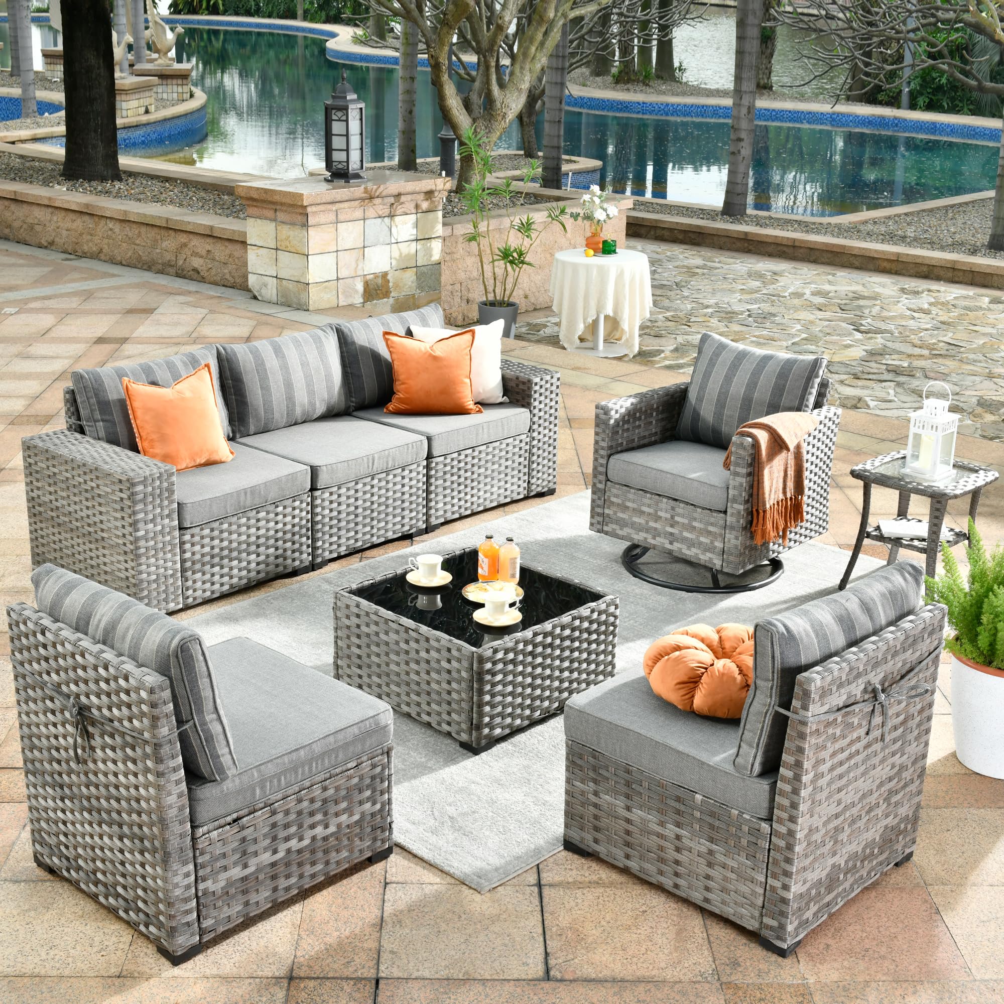 Ovios 8 Pieces Patio Furniture Set, Outdoor Sectional Sofa with Swivel Rocking Chair