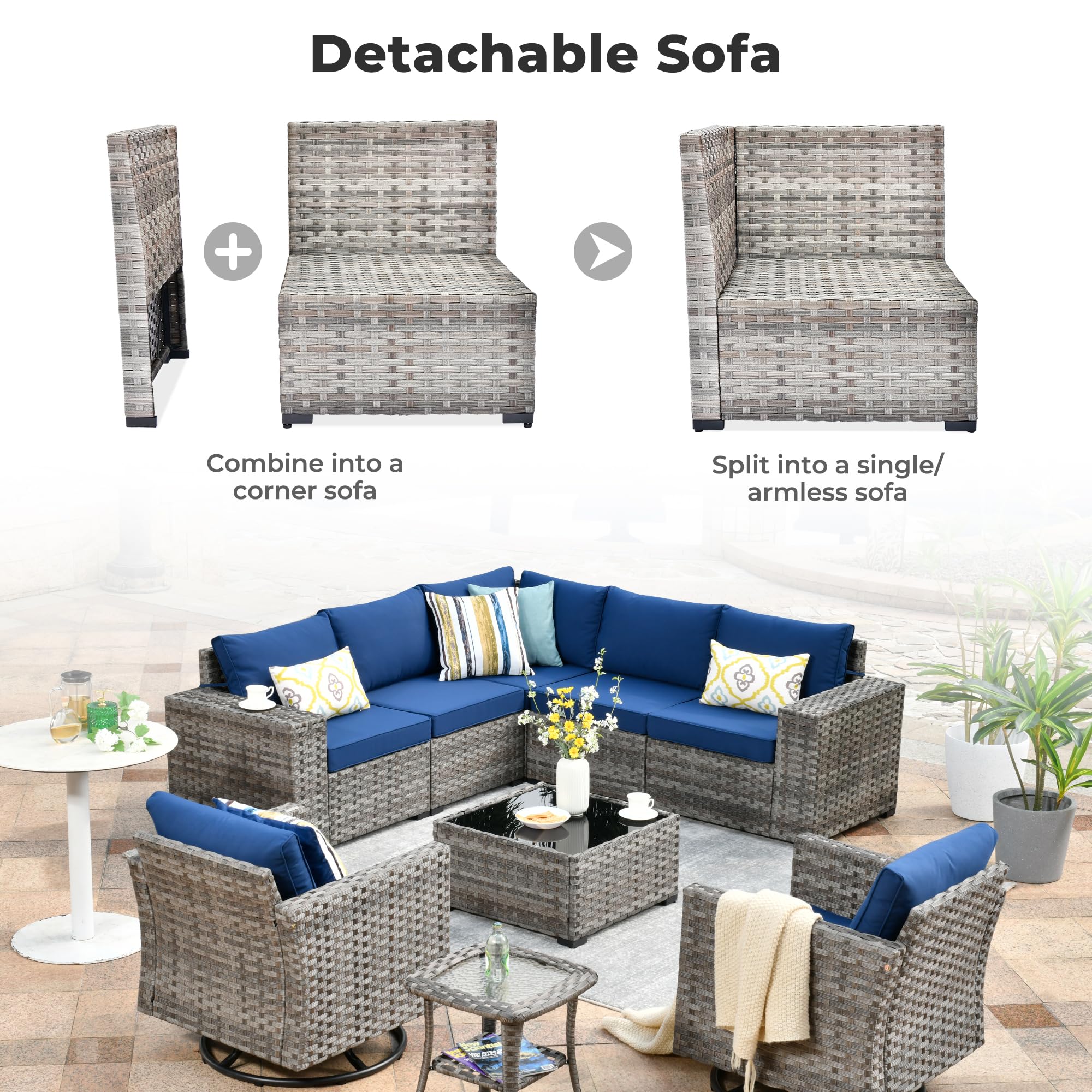Navy Blue OVIOS Detachable Sofa Set in Gray Wicker - Versatile patio furniture, convertible to corner or armless sofa.
