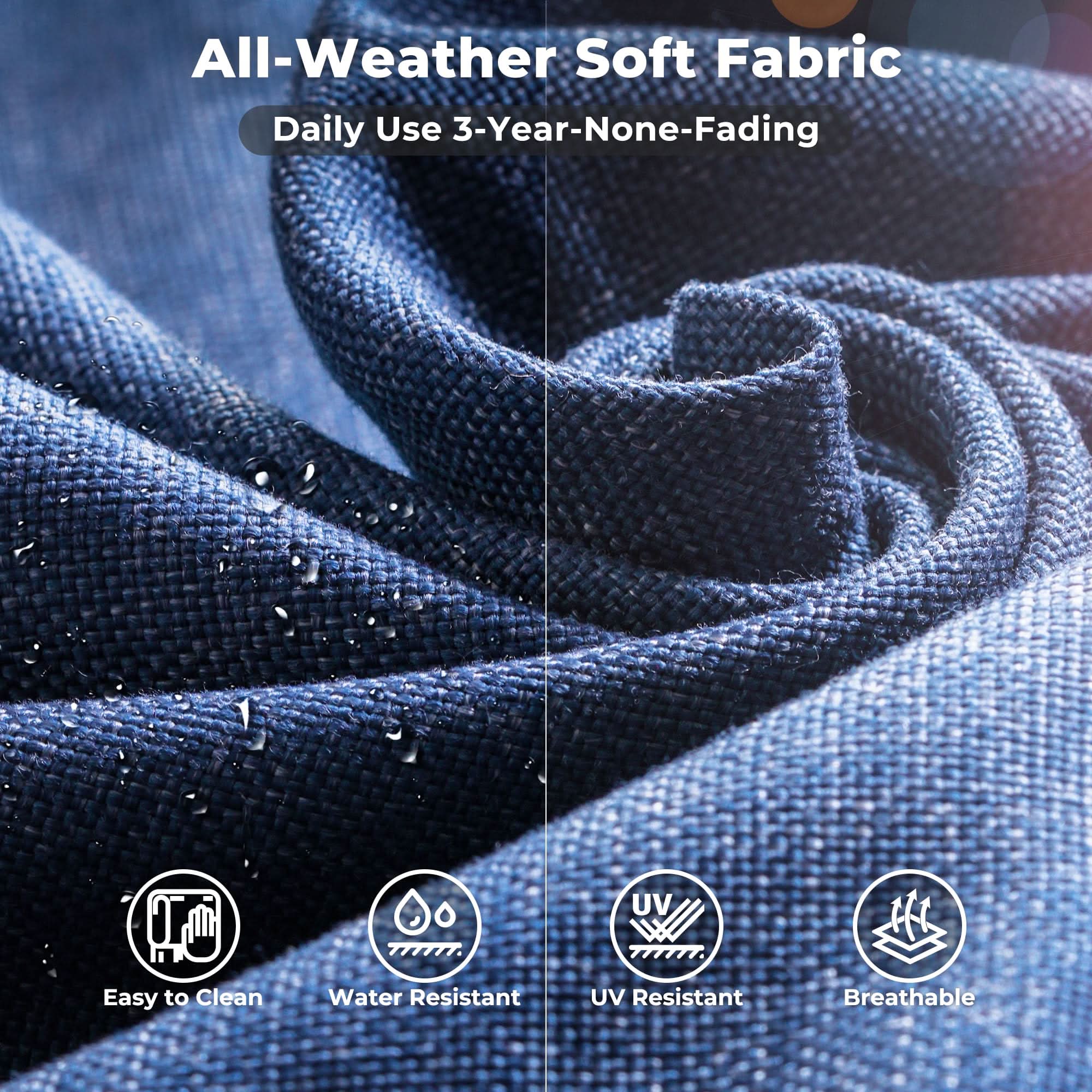 Denim Blue | OVIOS outdoor sofa fabric detail: All-weather, UV resistant, breathable, and easy-to-clean blue fabric.