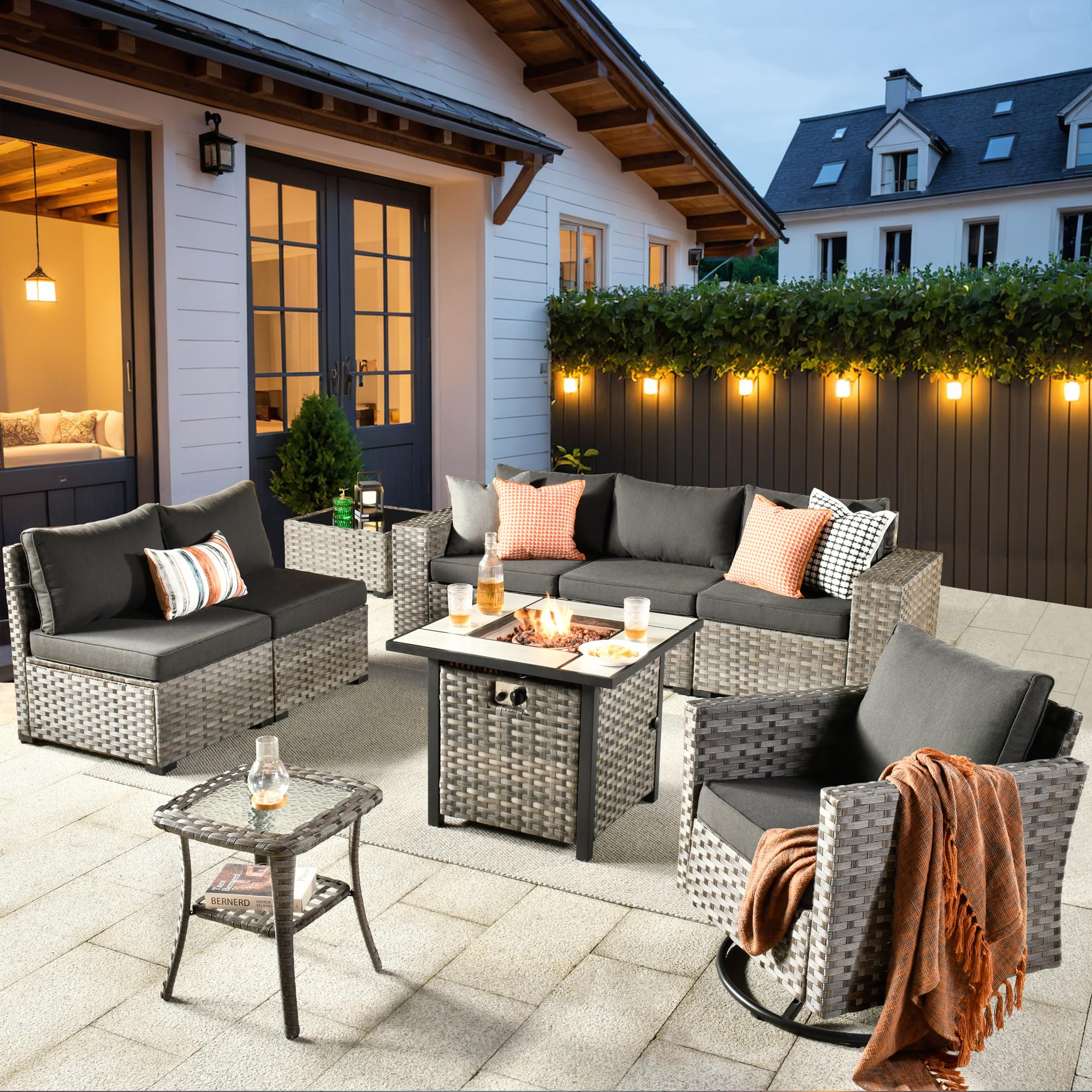 Ovios 9 Pieces Patio Furniture Set, Outdoor Sectional Sofa with Swivel Rocking Chair, 30" Fire Pit Table