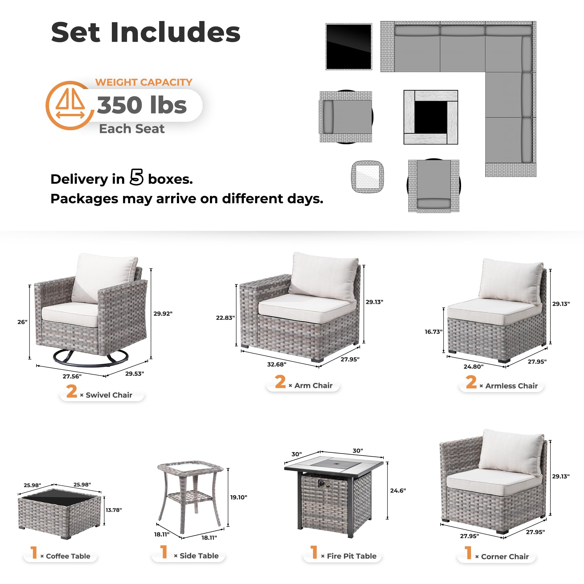 OVIOS 10-Piece Patio Set: gray wicker sectional, fire pit table, swivel chairs, beige cushions. 350lbs capacity.