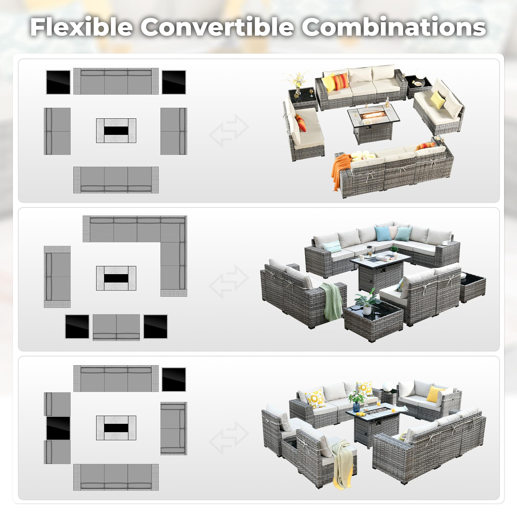 Ovios 13 Pieces Outdoor Furniture with 7.68'' Broad Handrails and Rectangle 42.12'' Fire Pit Table