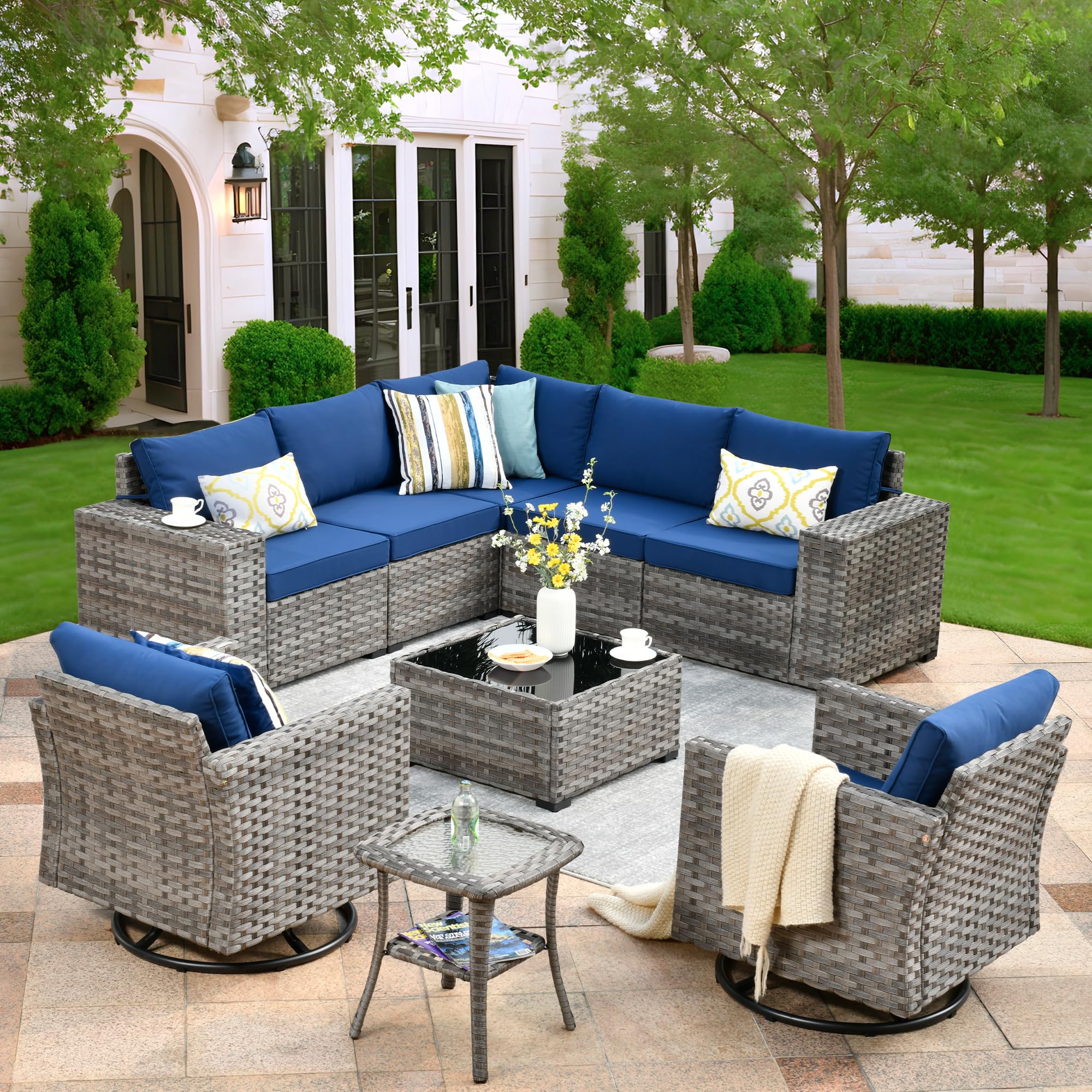 Navy Blue OVIOS outdoor sectional furniture set with blue cushions and swivel chairs, patio relaxation