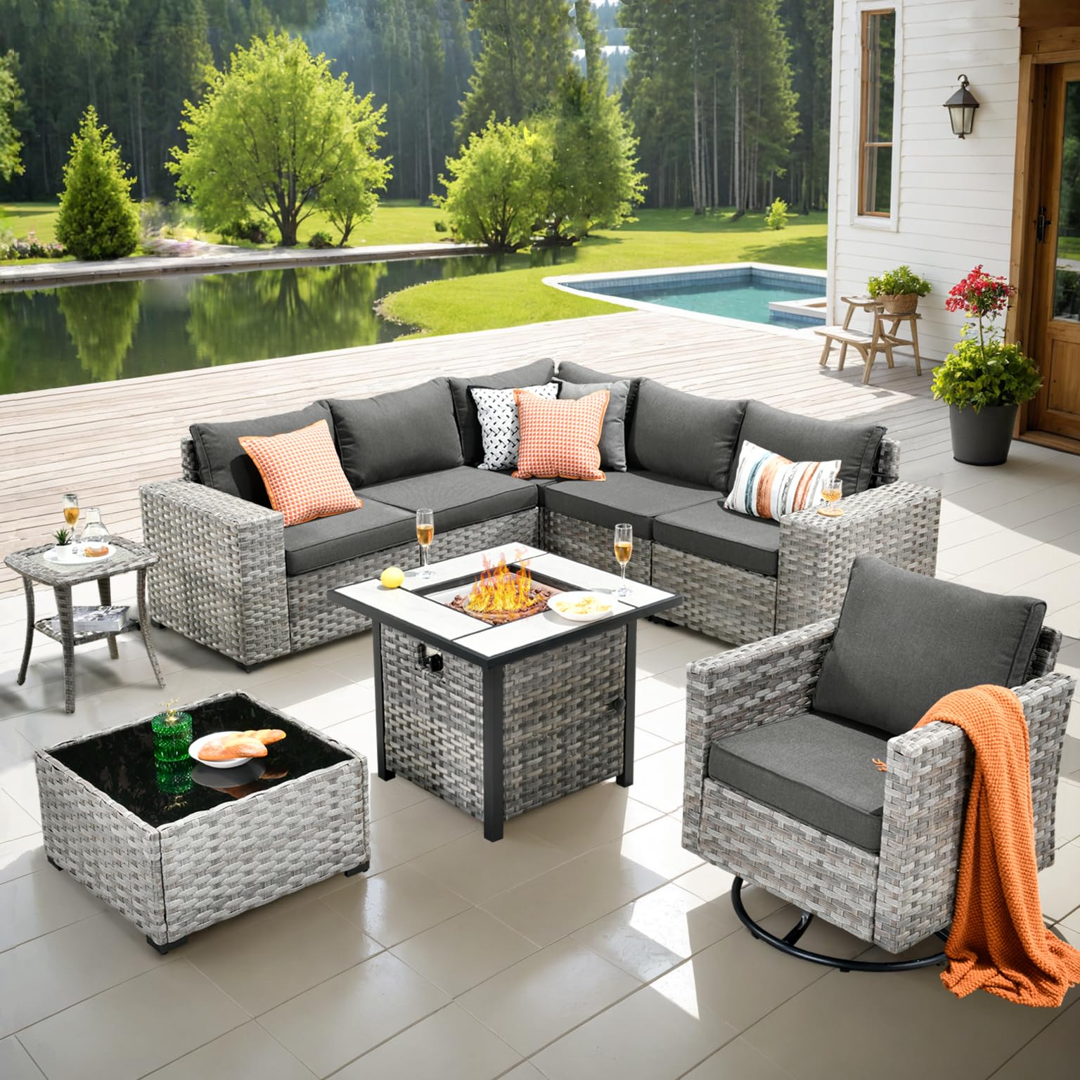 Ovios 9 Pieces Patio Furniture Set, Outdoor Sectional Sofa with Swivel Rocking Chair, 30" Fire Pit Table