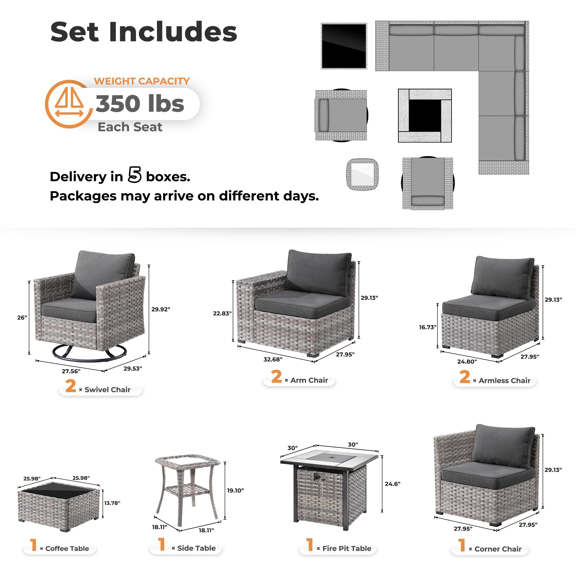 OVIOS patio furniture set: gray wicker sectional, fire pit table, swivel chairs, and tables. Supports 350lbs per seat.