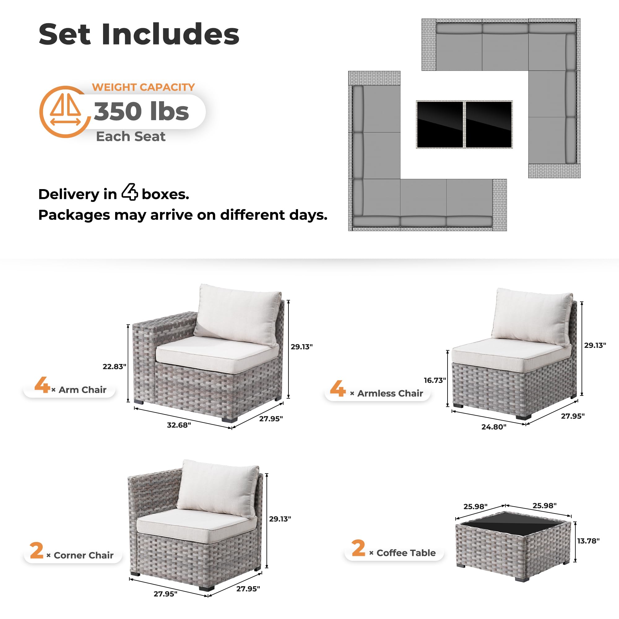 OVIOS 12 Pieces Patio Conversation Set with 7.68'' Broad Handrails