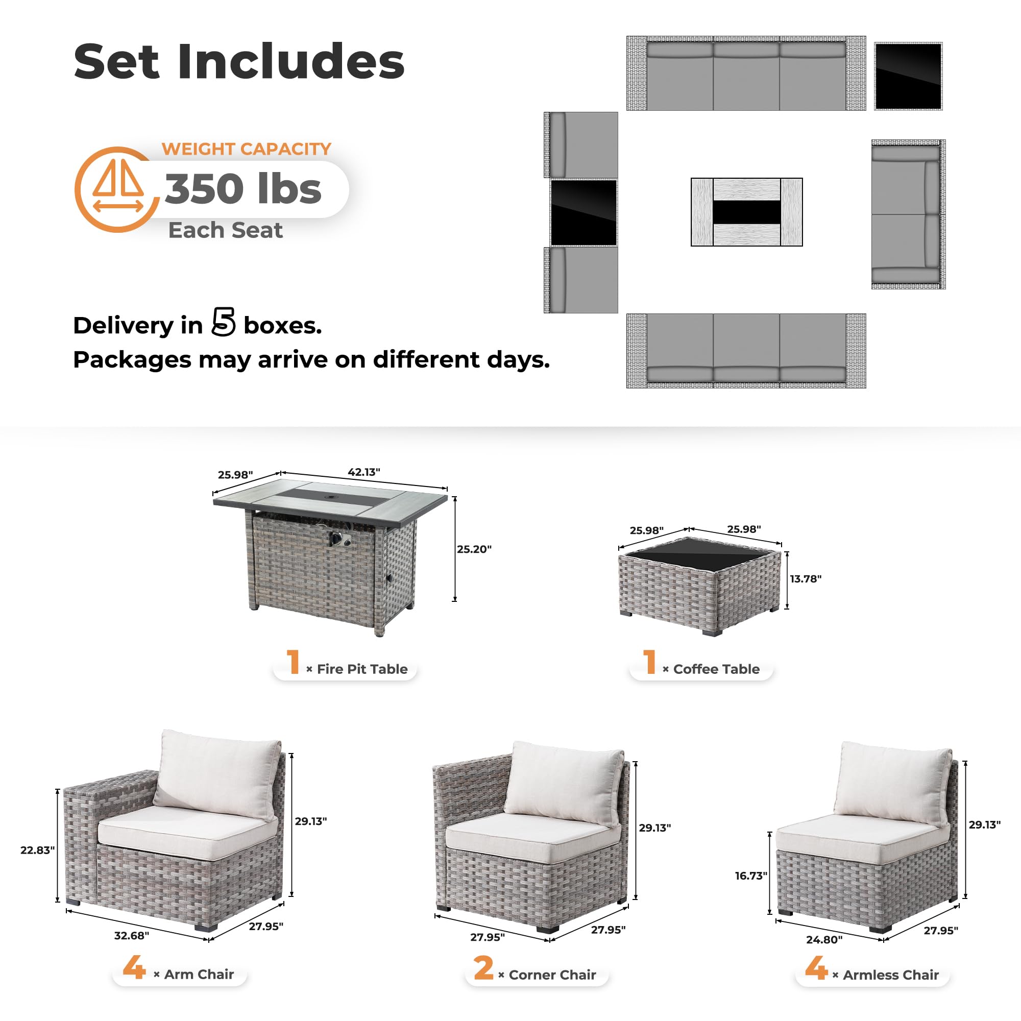 Ovios 13 Pieces Outdoor Furniture with 7.68'' Broad Handrails and Rectangle 42.12'' Fire Pit Table