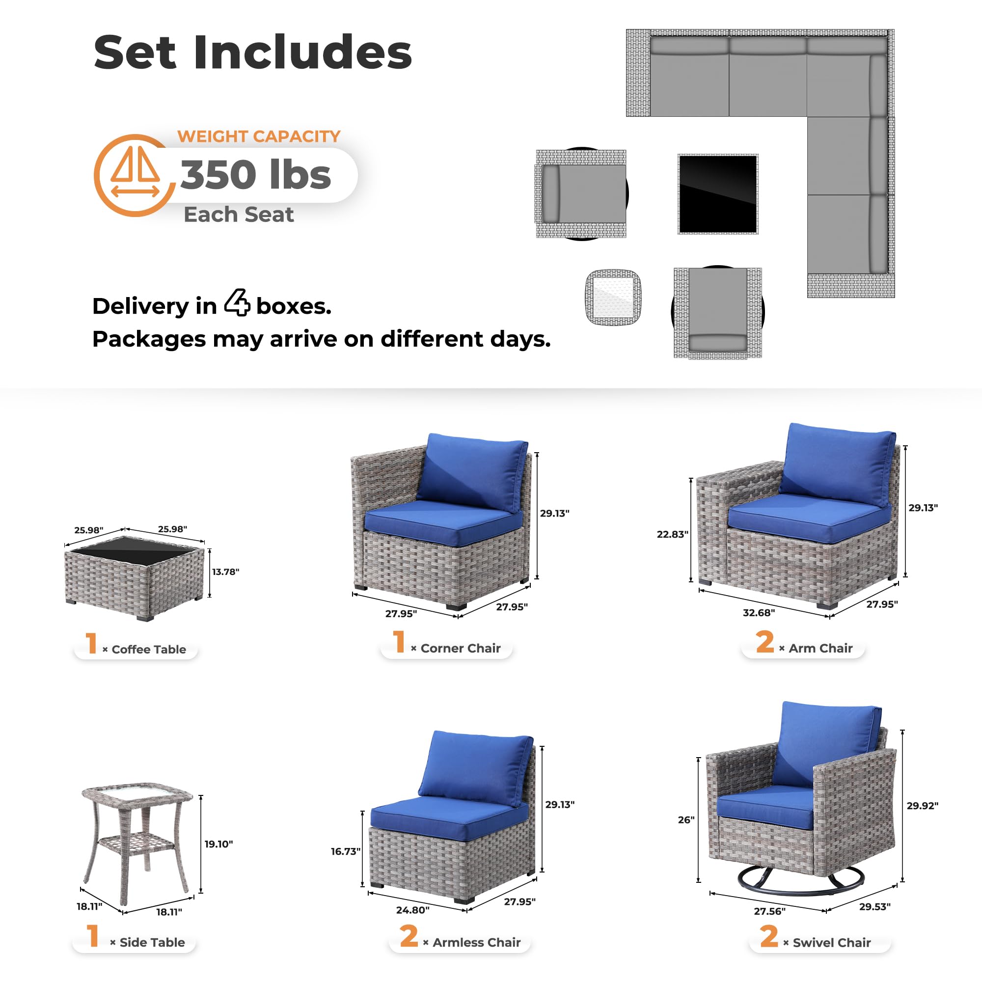 Navy Blue OVIOS 9-Piece Outdoor Furniture Set layout diagram with dimensions, gray wicker, blue cushions and swivel chair