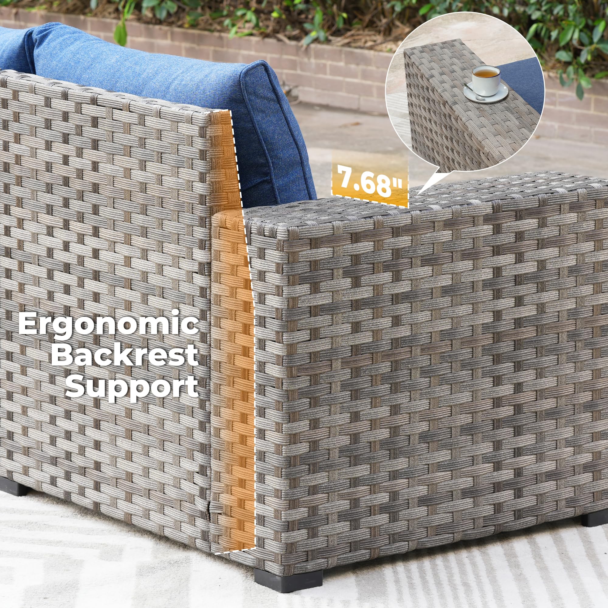 OVIOS outdoor sectional sofa detail, featuring 7.68" armrest and ergonomic backrest support with gray wicker frame.