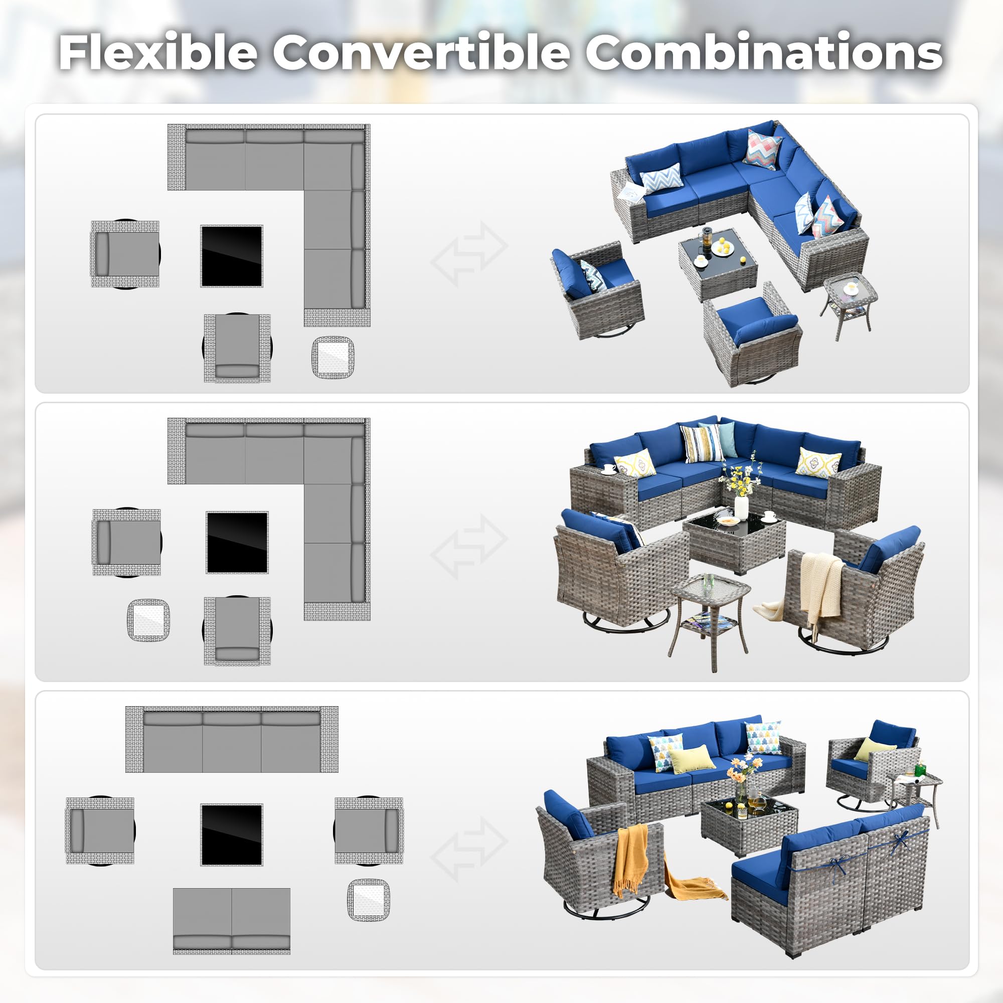 OVIOS Outdoor Furniture Set with Flexible Combinations, Gray Wicker and Blue Cushions, Various Patio Layouts