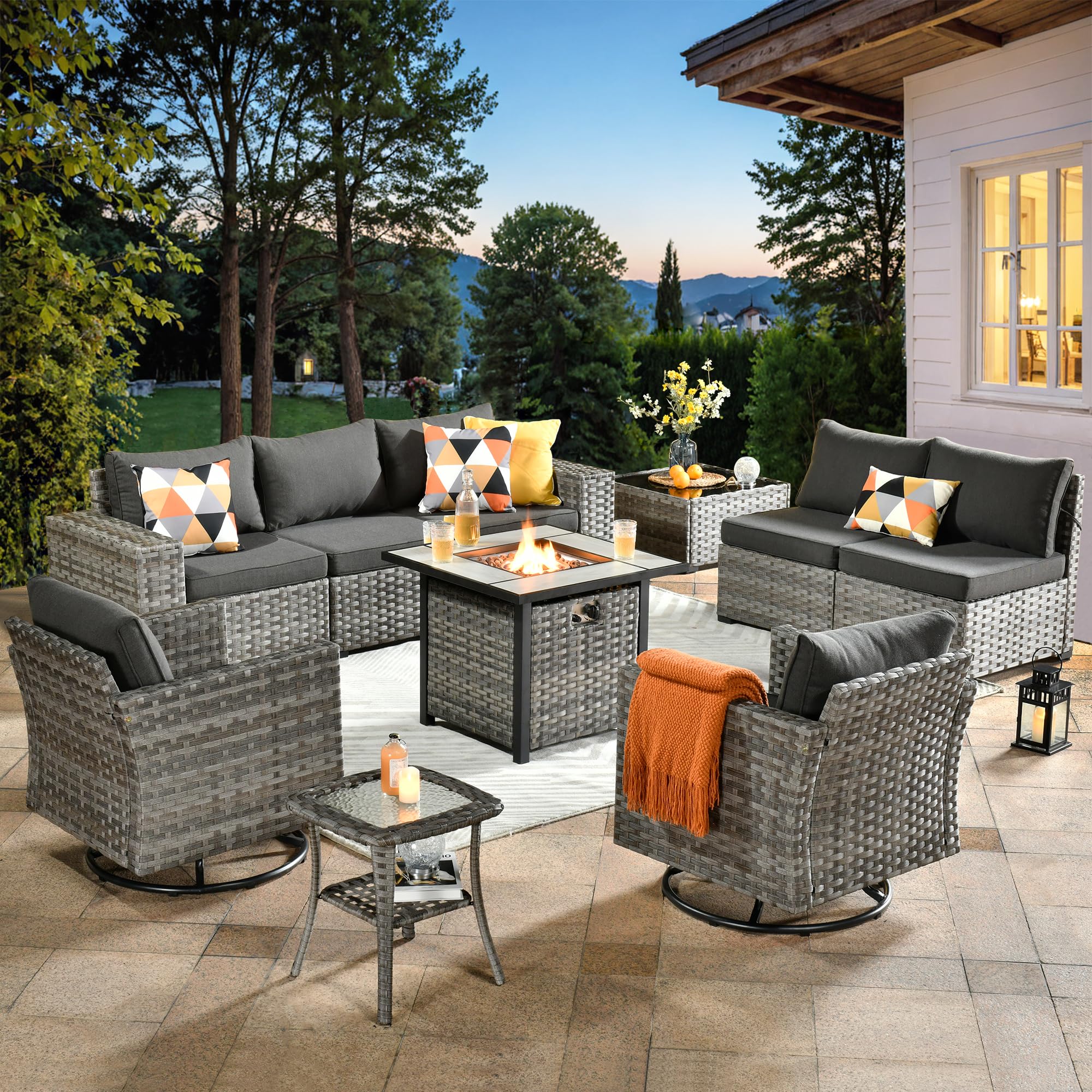 OVIOS patio furniture set with gray wicker sectional sofa, fire pit table, and swivel chairs; perfect for outdoor relaxation