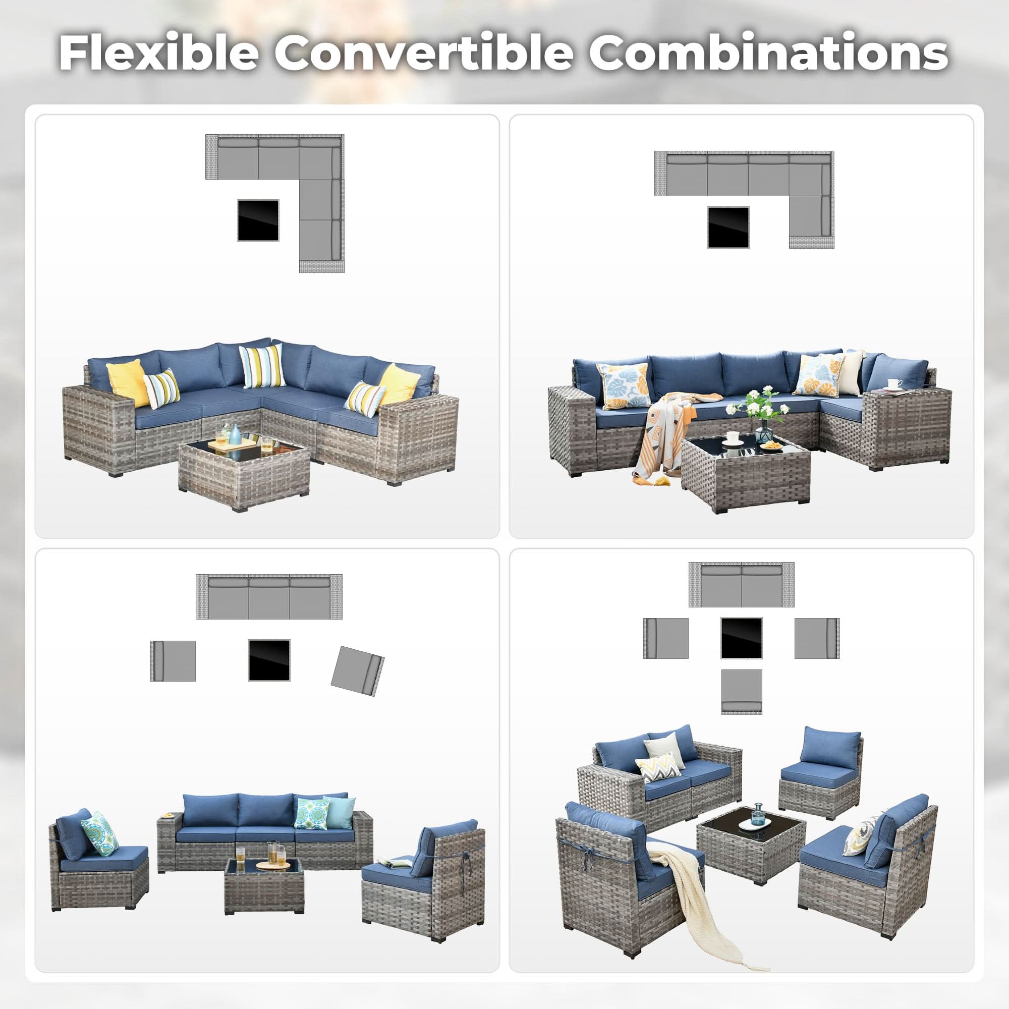 Denim Blue | OVIOS 6-piece outdoor sectional sofa showing flexible arrangement configurations.