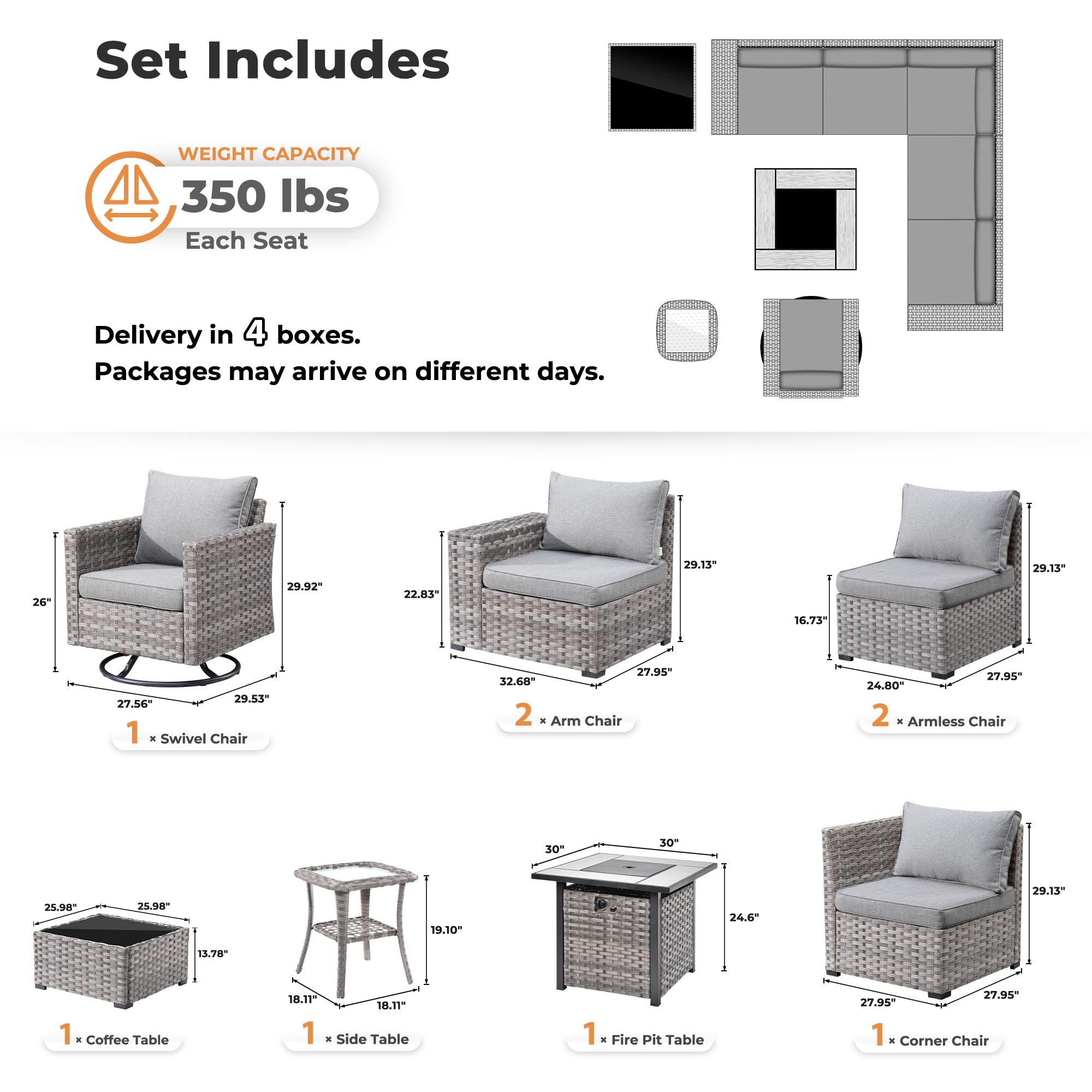 Ovios 9 Pieces Patio Furniture Set, Outdoor Sectional Sofa with Swivel Rocking Chair, 30" Fire Pit Table