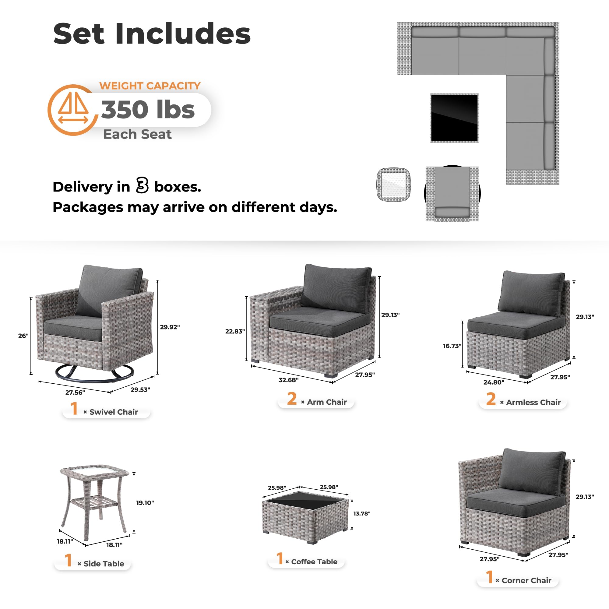 Ovios 8 Pieces Patio Furniture Set, Outdoor Sectional Sofa with Swivel Rocking Chair