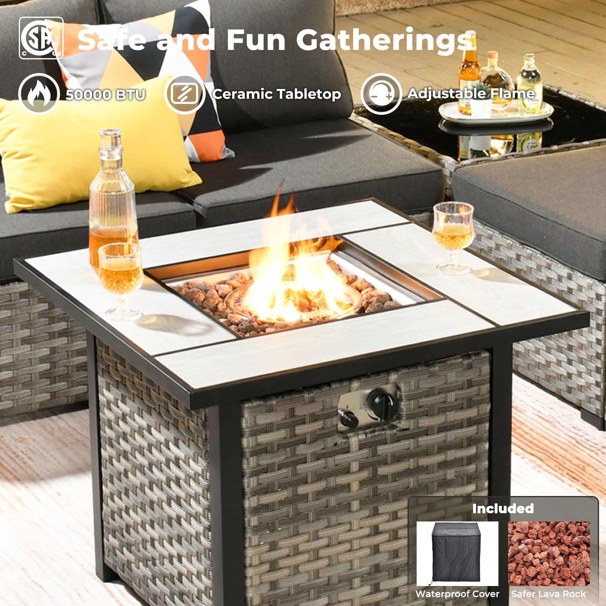 OVIOS Fire Pit Table with Ceramic Top, Adjustable Flame and Gray Wicker base, Safe Gathering
