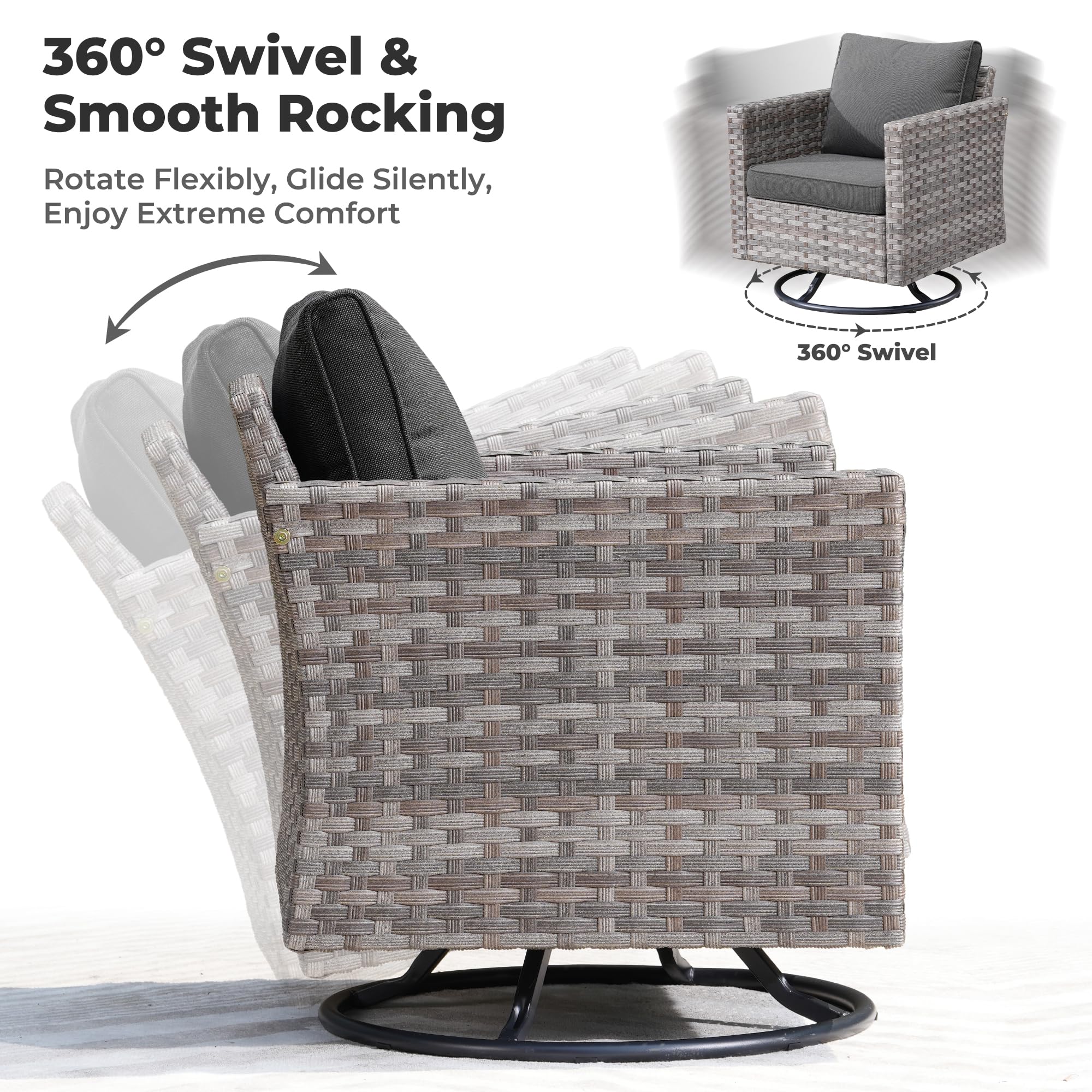 OVIOS swivel chair with 360-degree rotation and smooth rocking, featuring gray wicker and gray cushions.