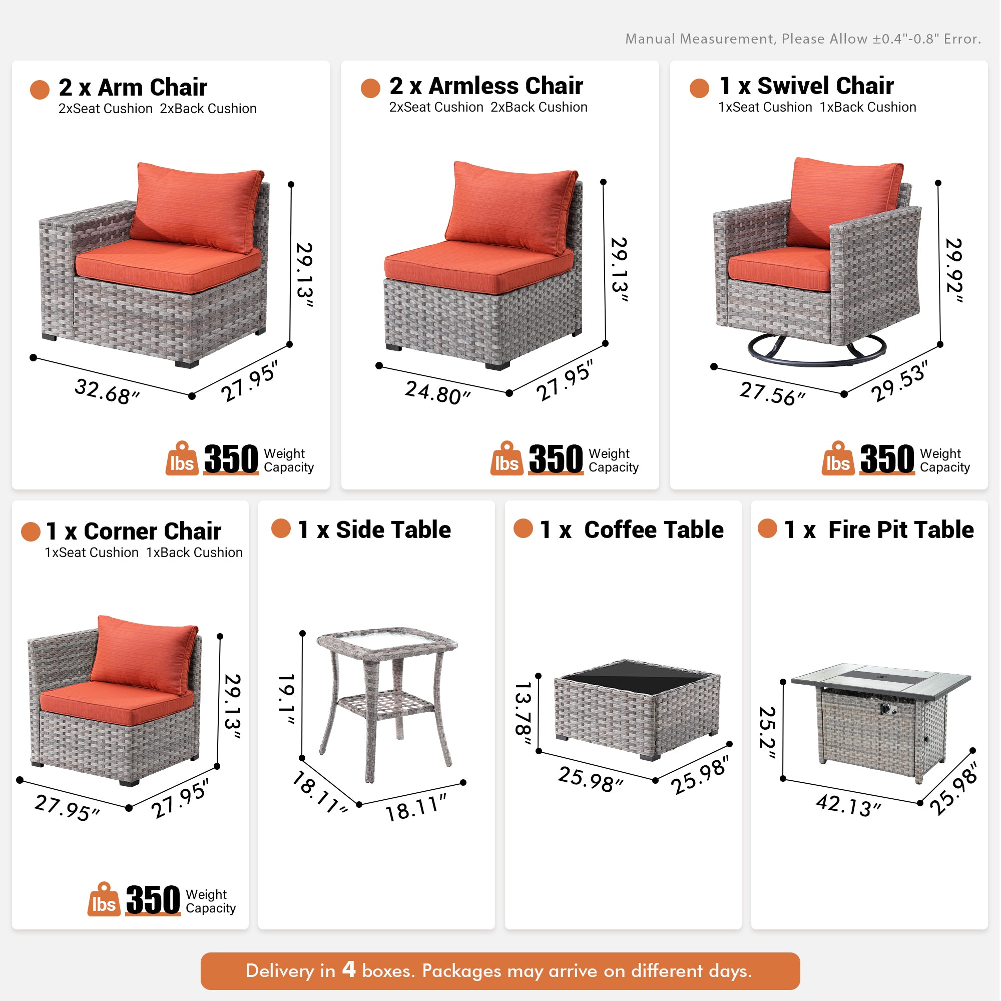 OVIOS 9-piece outdoor set: grey wicker chairs, tables, fire pit, orange cushions, wide armrests.Orange Red